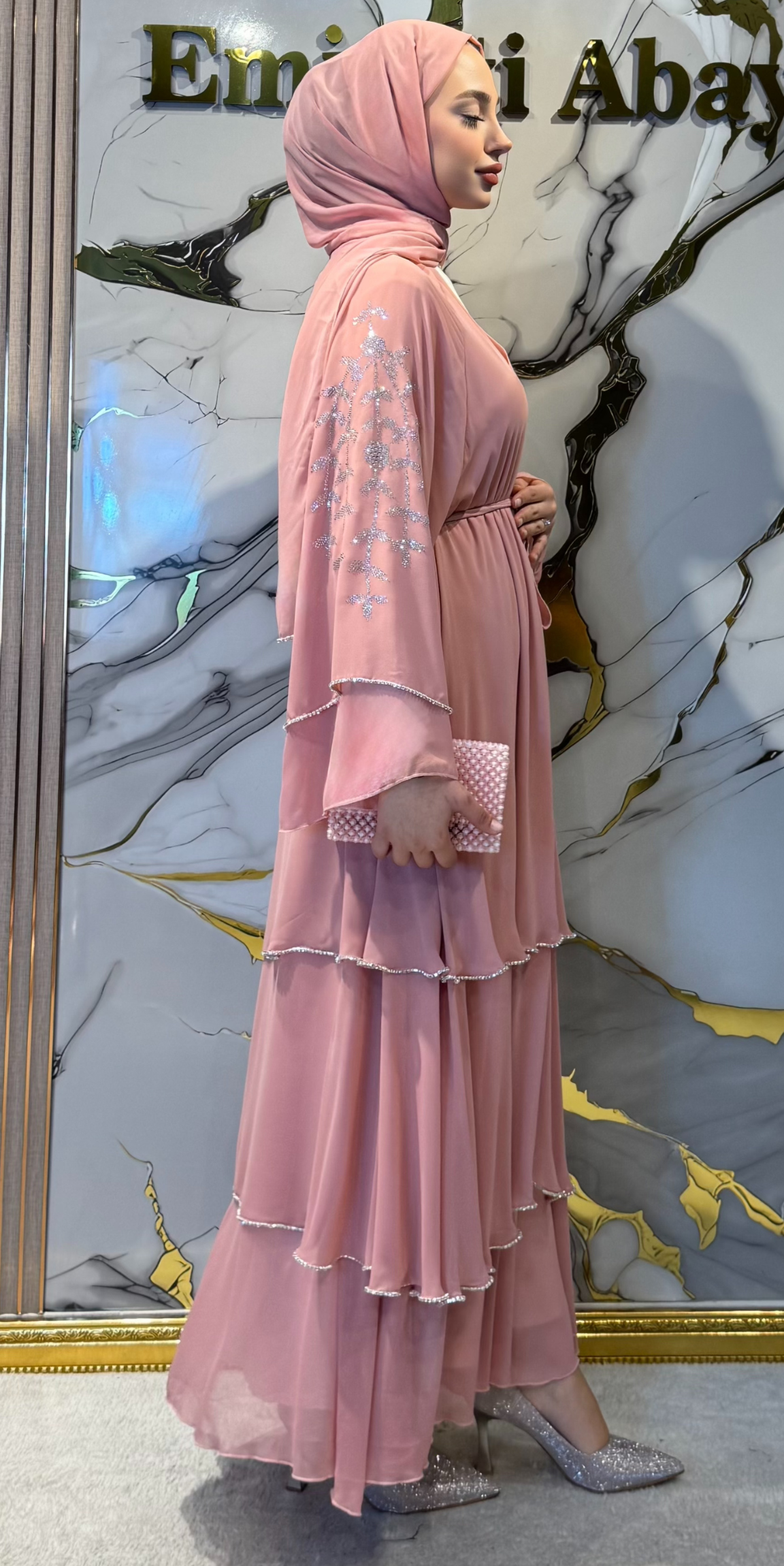 3 Katmanlı Pembe Şifon Taş Detaylı Barbie Abaya Şal ve Kemer Seti