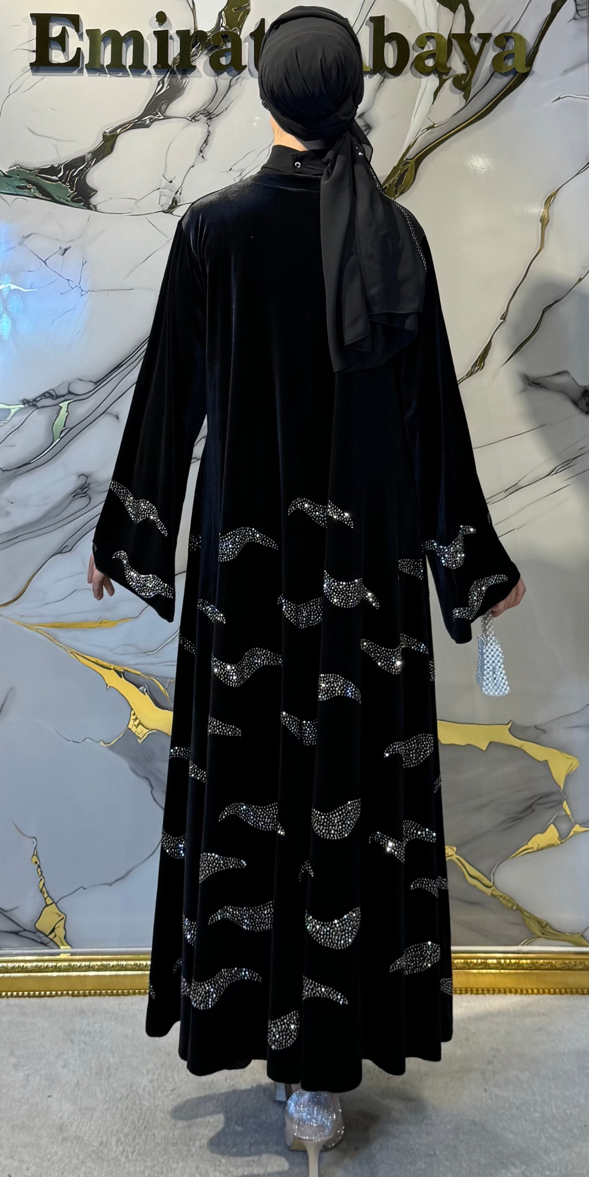 Luxury Black Velvet Abaya with Hematite and Swarovski Crystals | TM39 HSVB