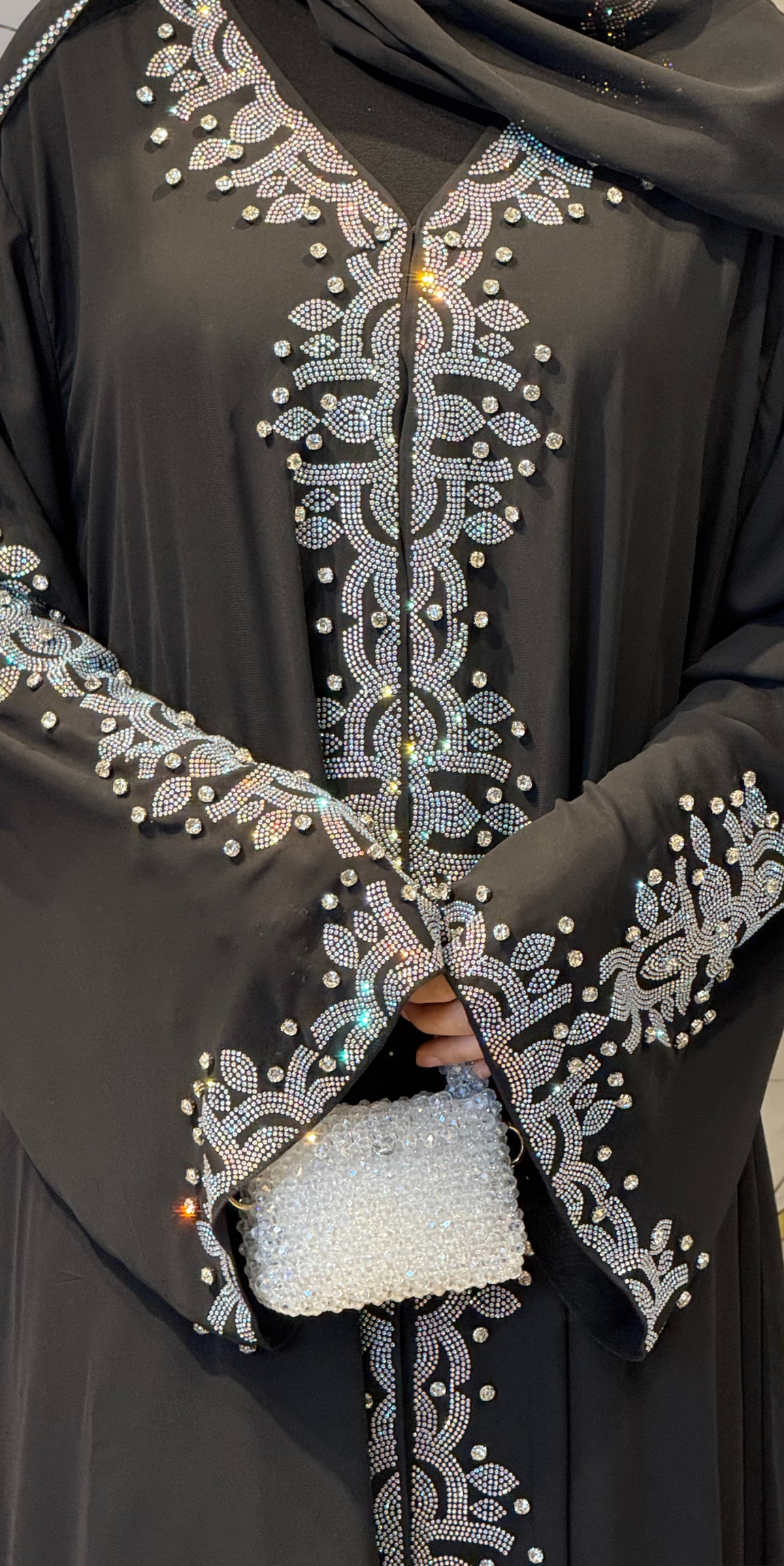 Stylish Black Chiffon Abaya with CanCan Stones on Front and Shoulder to Sleeves
