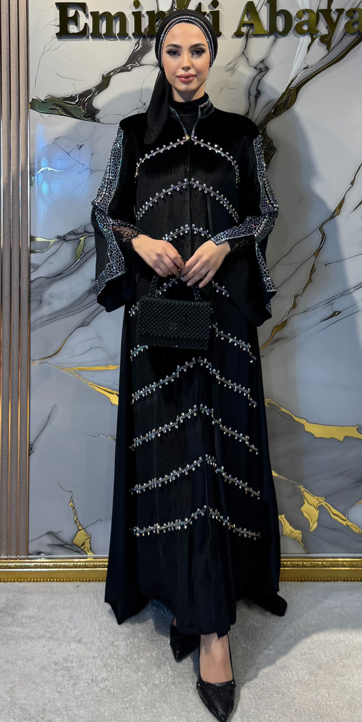 Jan Jan Taşlı Siyah Kadife Dubai Stil Abiye | WS15 JSVB