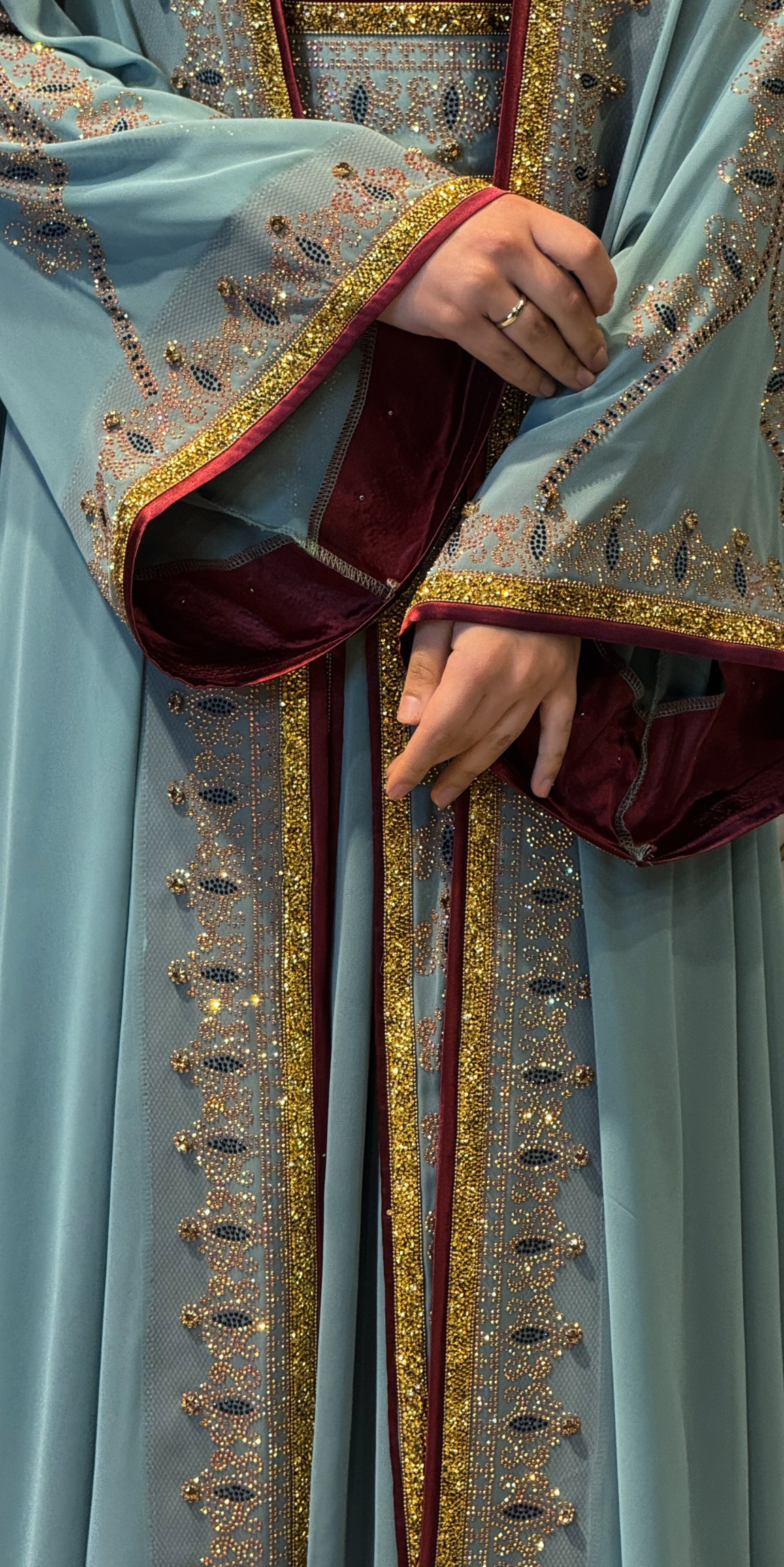 Gold Embellished Open-Front Green Chiffon Traditional Set - 4-Piece Luxury Set (Includes Shawl, Belt and Undergarment) WS74 GSY