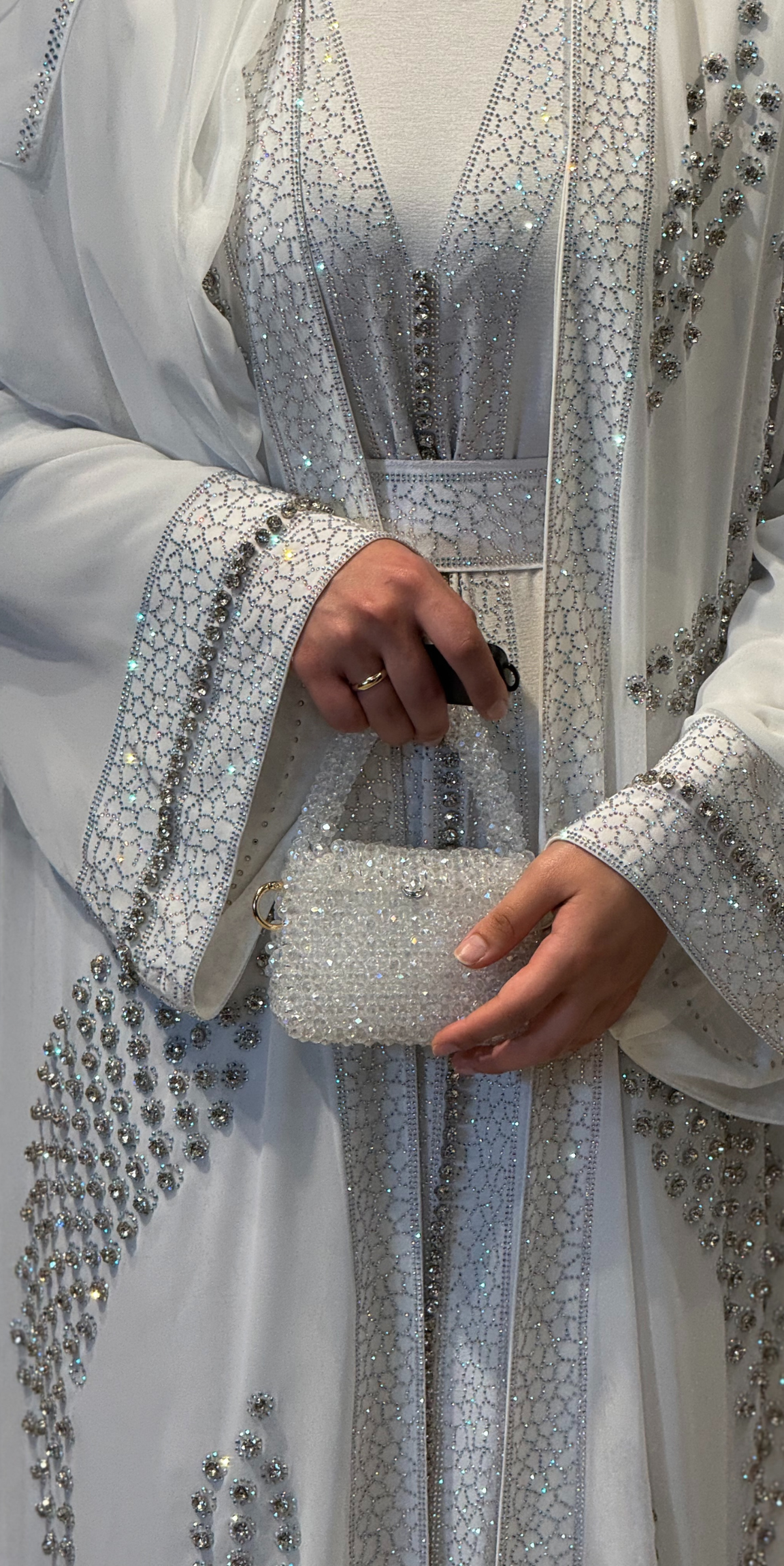 Traditional White Abaya Set with Crystal Embellishments WS31 - 4-Piece Set (Includes Undershirt, Shawl, and Belt)