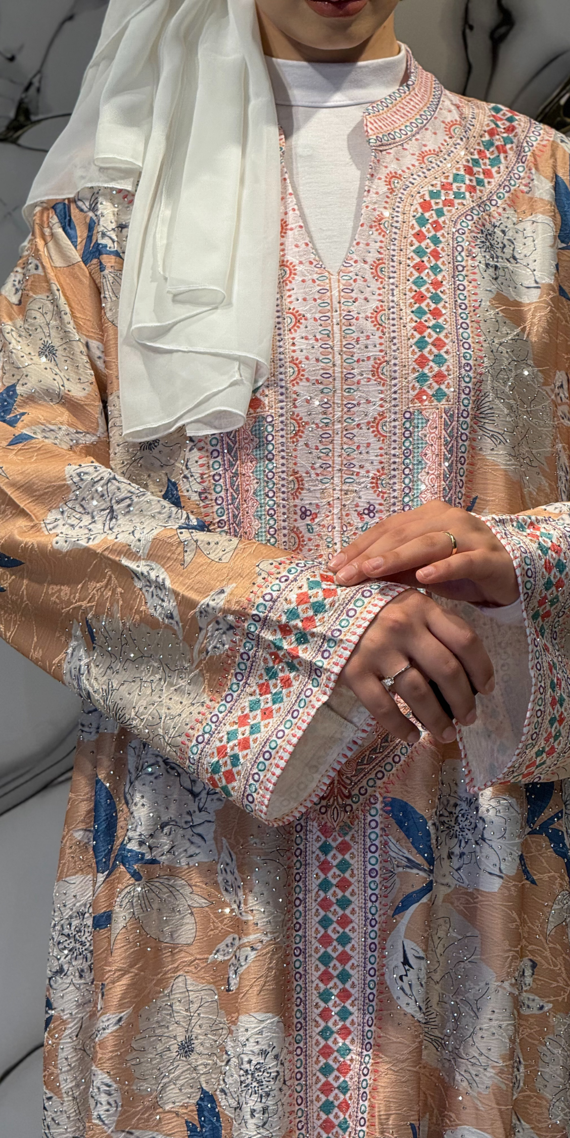 Çiçek Baskılı Turuncu Jakar Günlük Abaya | KSA05 ORANGE