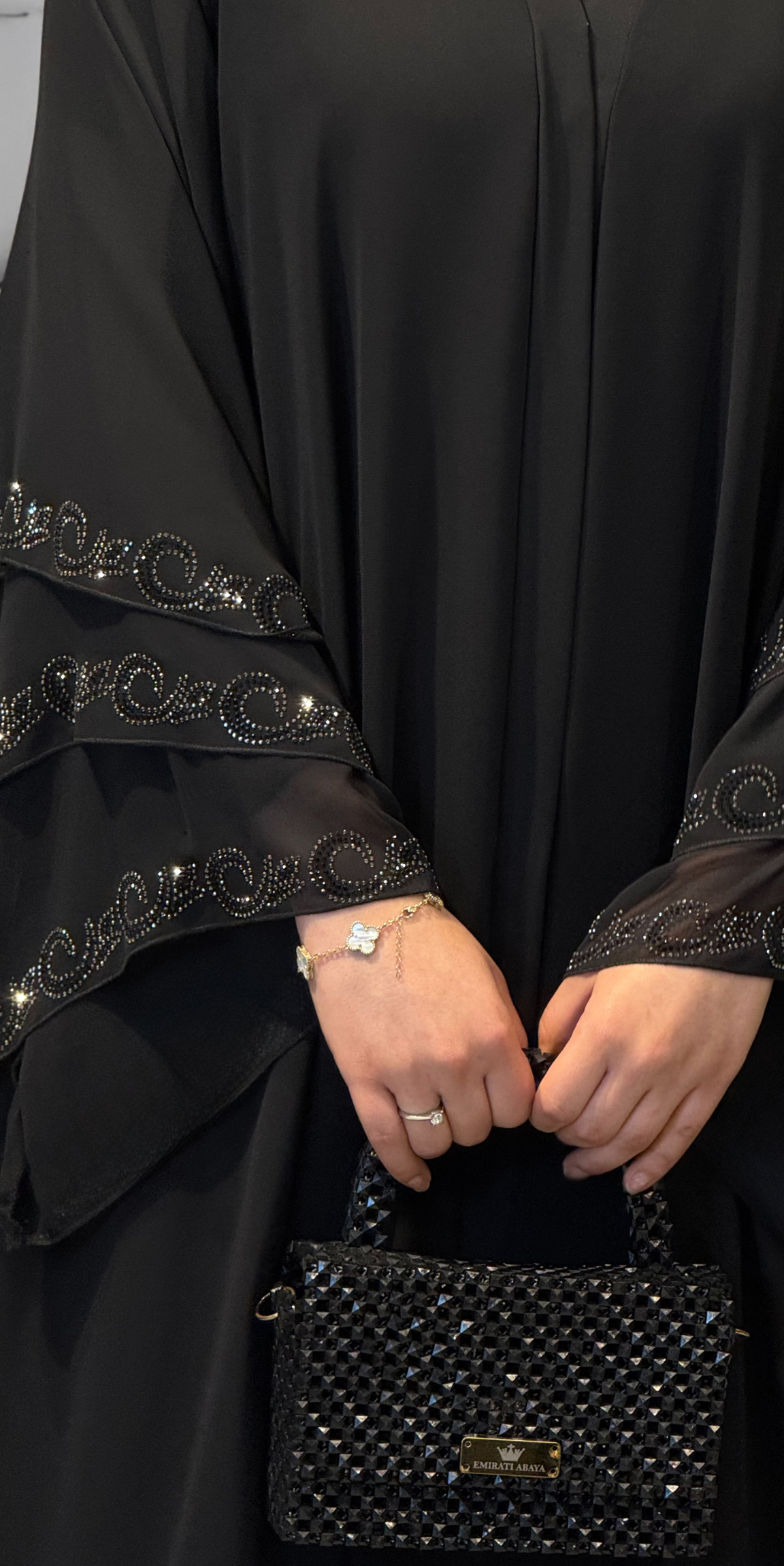 Three-Layer Hematite Stone Embellished Black Chiffon Abaya | LY02 HSB