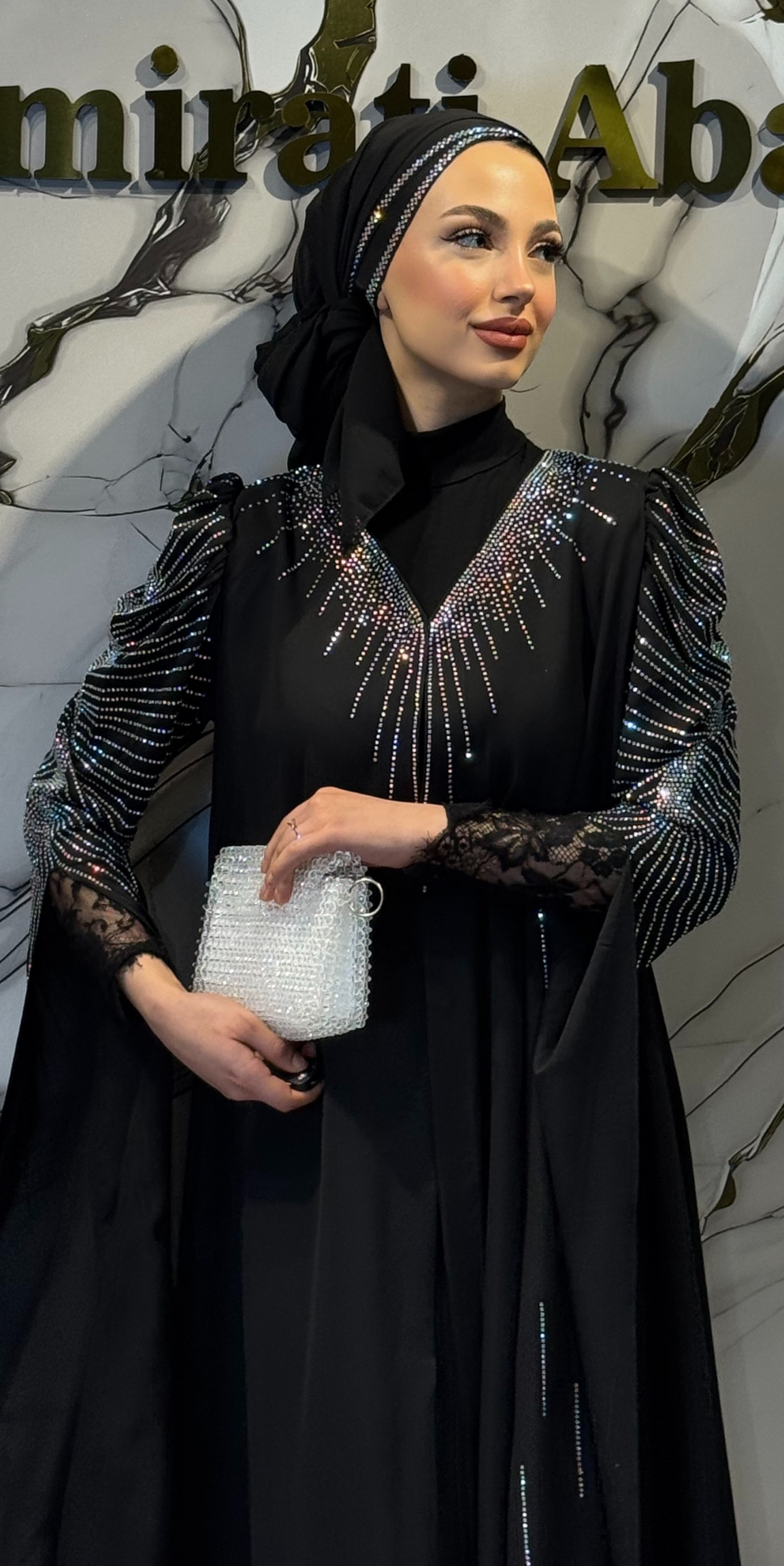 Janjan Stone Embellished Black Abaya - Long Sleeved Shimmering TM82 JSDB