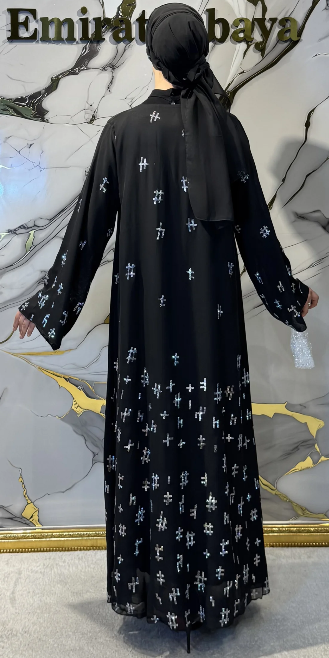 Janjan Geometrik Taş Detaylı Siyah Şifon Abaya | TM53 JSB