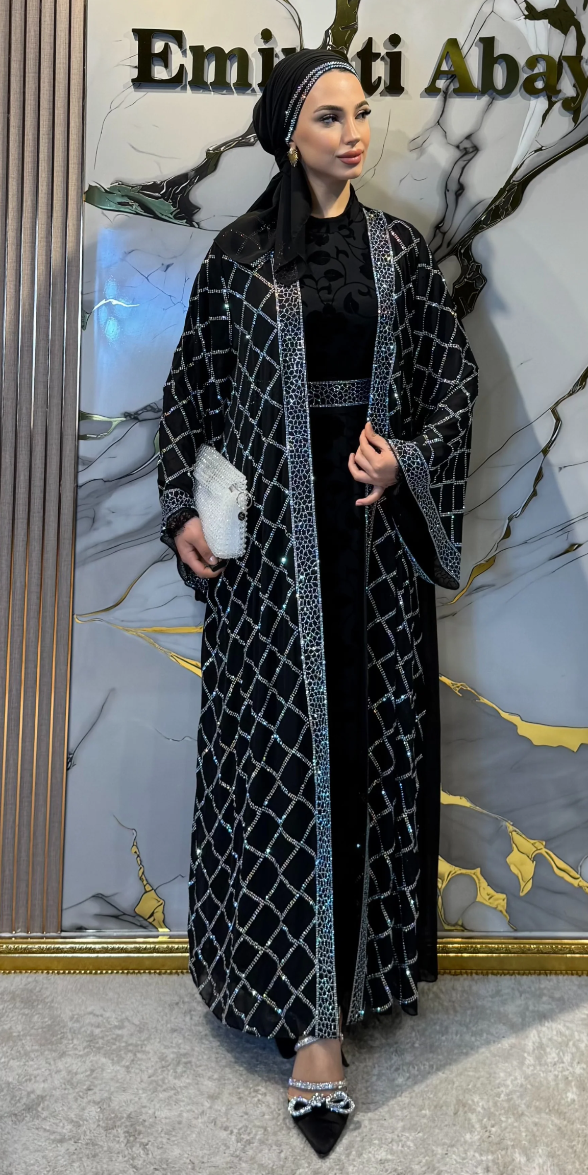 Janjan Stone Embellished Chiffon Traditional Open Abaya | LY33 WSB
