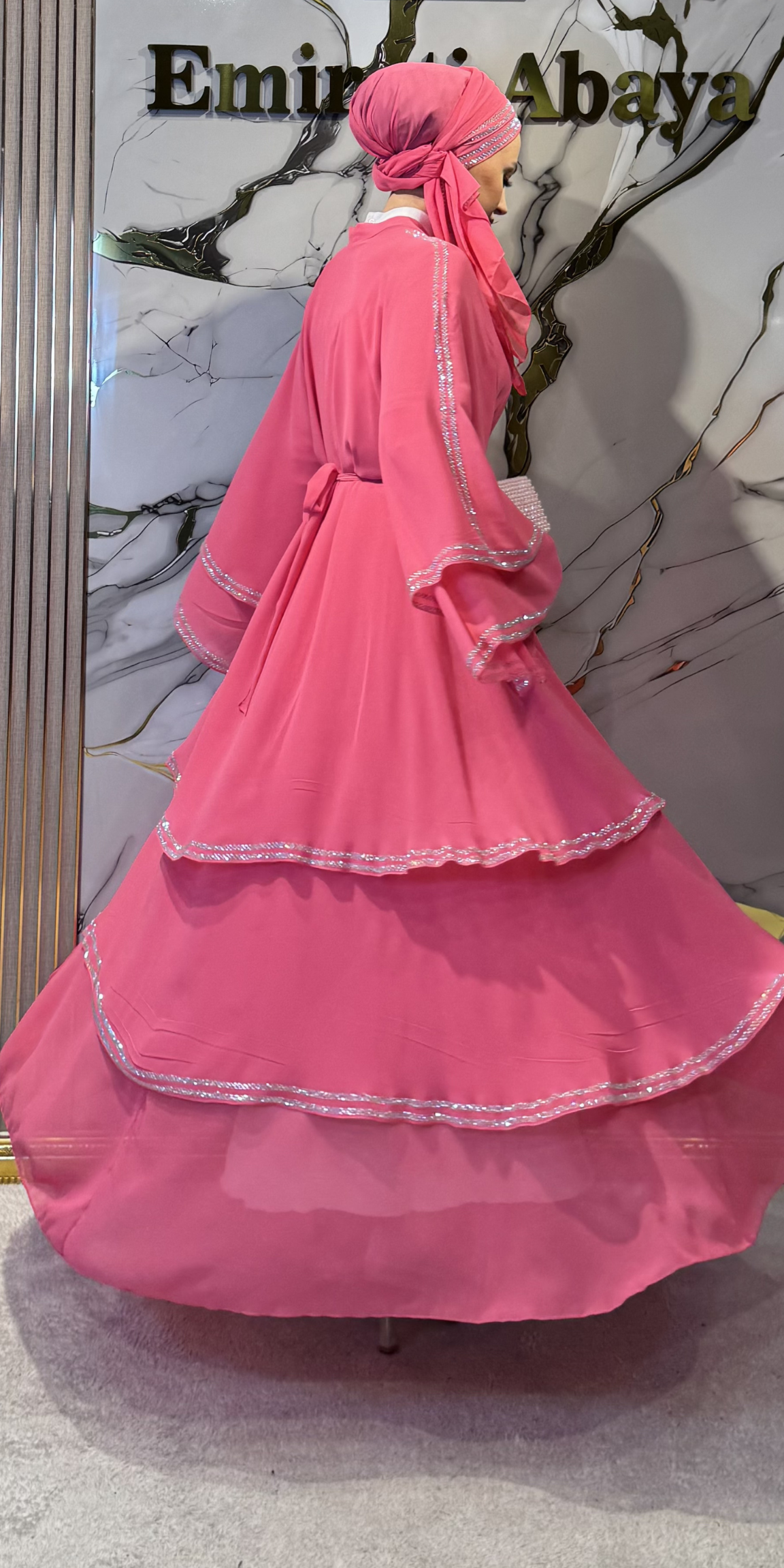 Three-Layer Pink and White Embellished Chiffon Abaya - Belt and Shawl Included | TM44 WSP