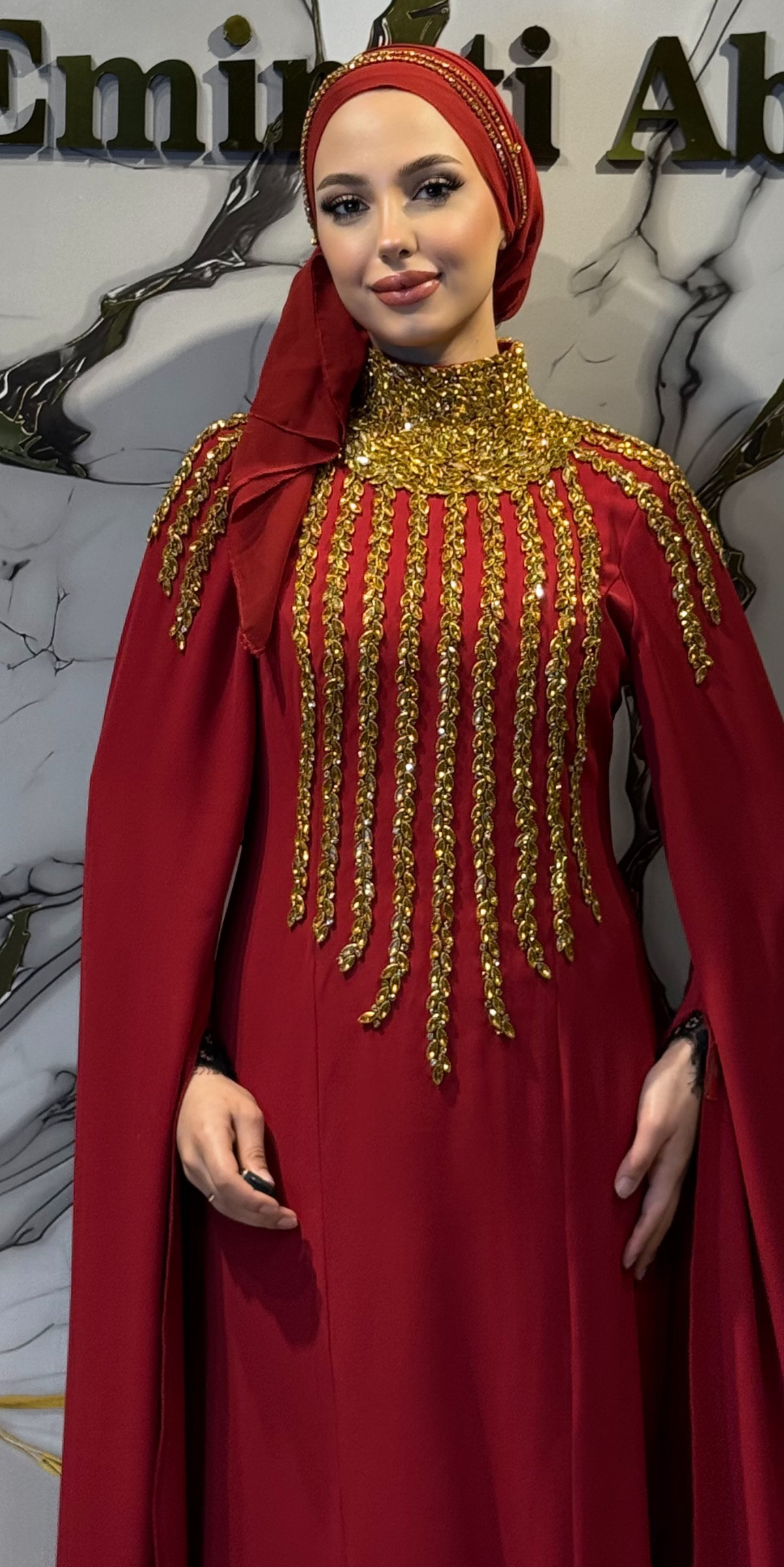 Handmade Gold Embellished Burgundy Dubai Fabric Abaya | Ef0019 GSD Bordo