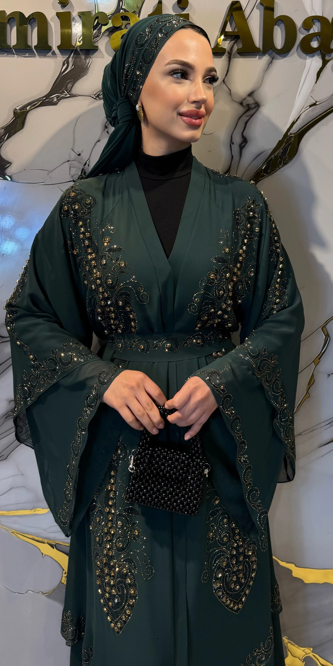 Çift Katlı Altın Taşlı Yeşil Şifon Takım Şal ve Kemer Dahil | LY14 GS GREEN