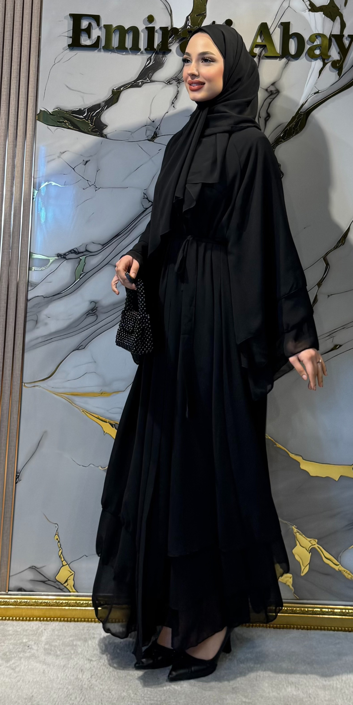 Swarovski Taşlı Üç Katlı Şifon Abaya RK011 BSB - 3 Parça Set (Şal ve Kemer Dahil)