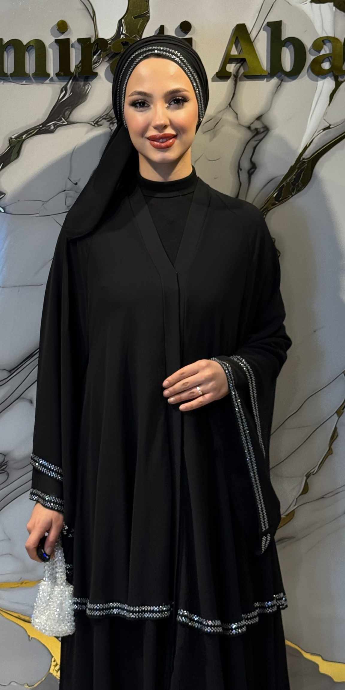 Three-Layer Black and White Embellished Chiffon Abaya - Belt and Shawl Included | TM44 WSB