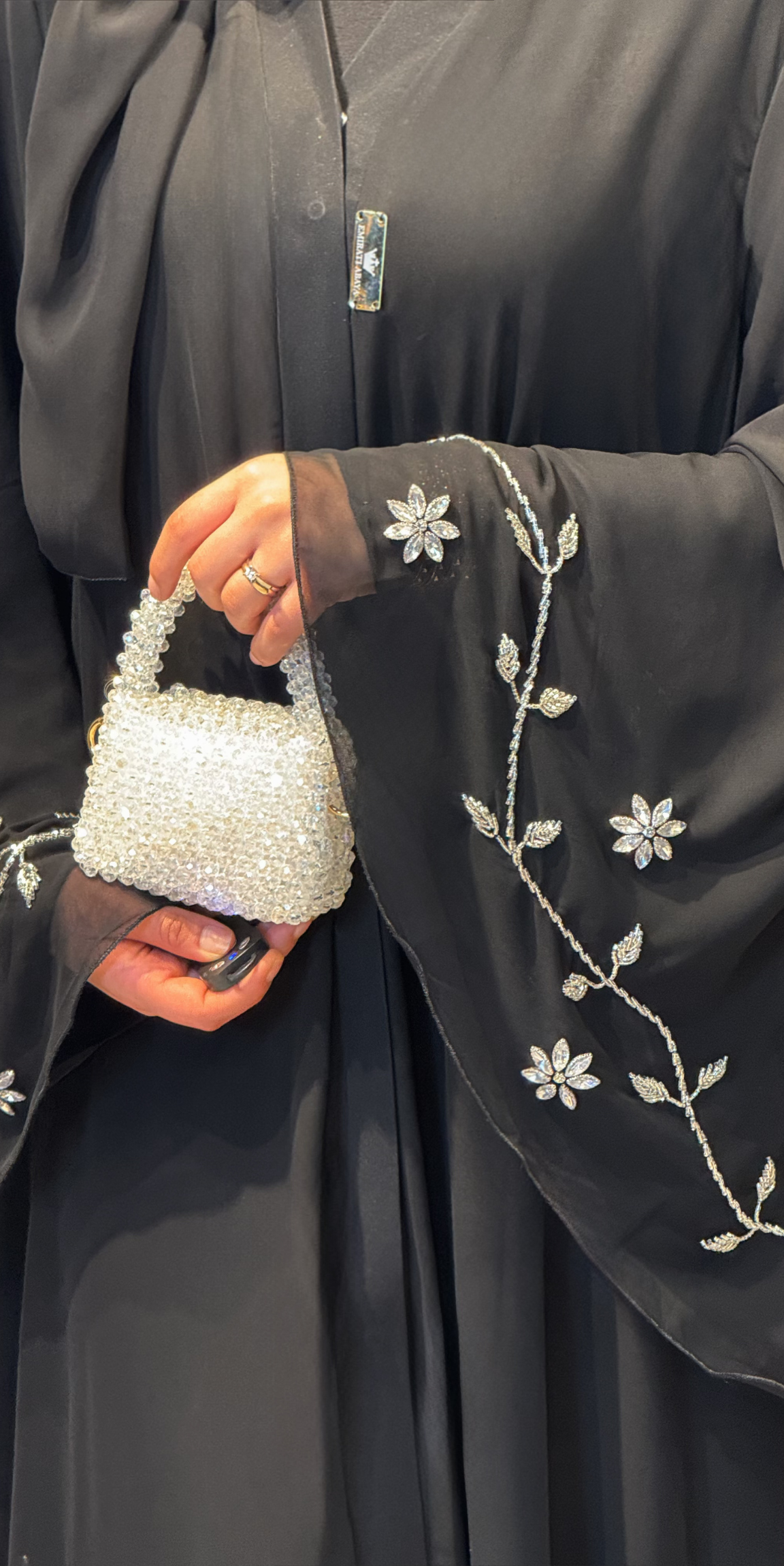 El İşlemeli Taşlı Siyah Şifon Abaya – Şal Hediyeli | EF0035 WSB