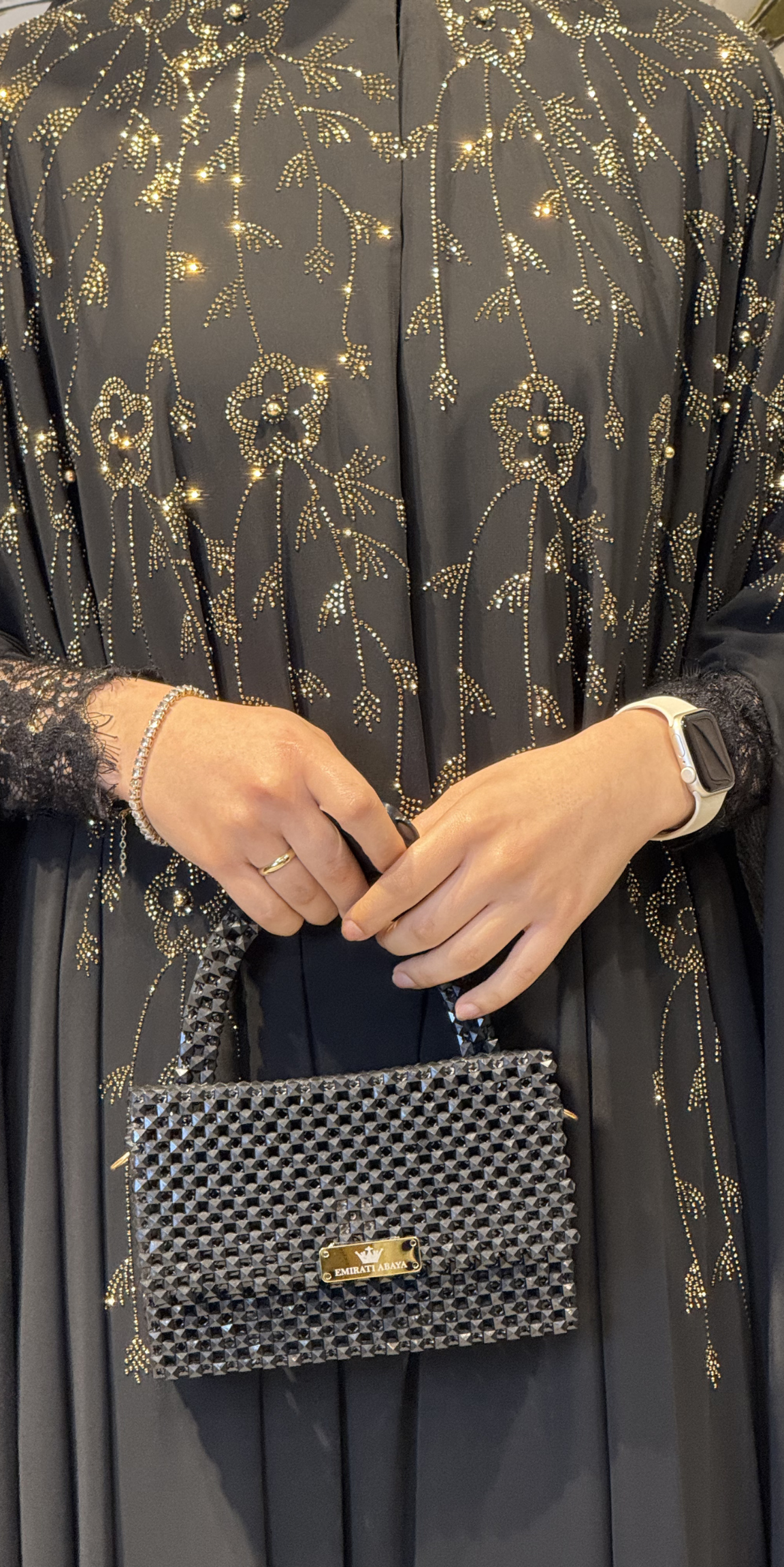 Kolsuz Şifon Abaya Gold Çiçek Taş İşlemeli | LY44 GSB