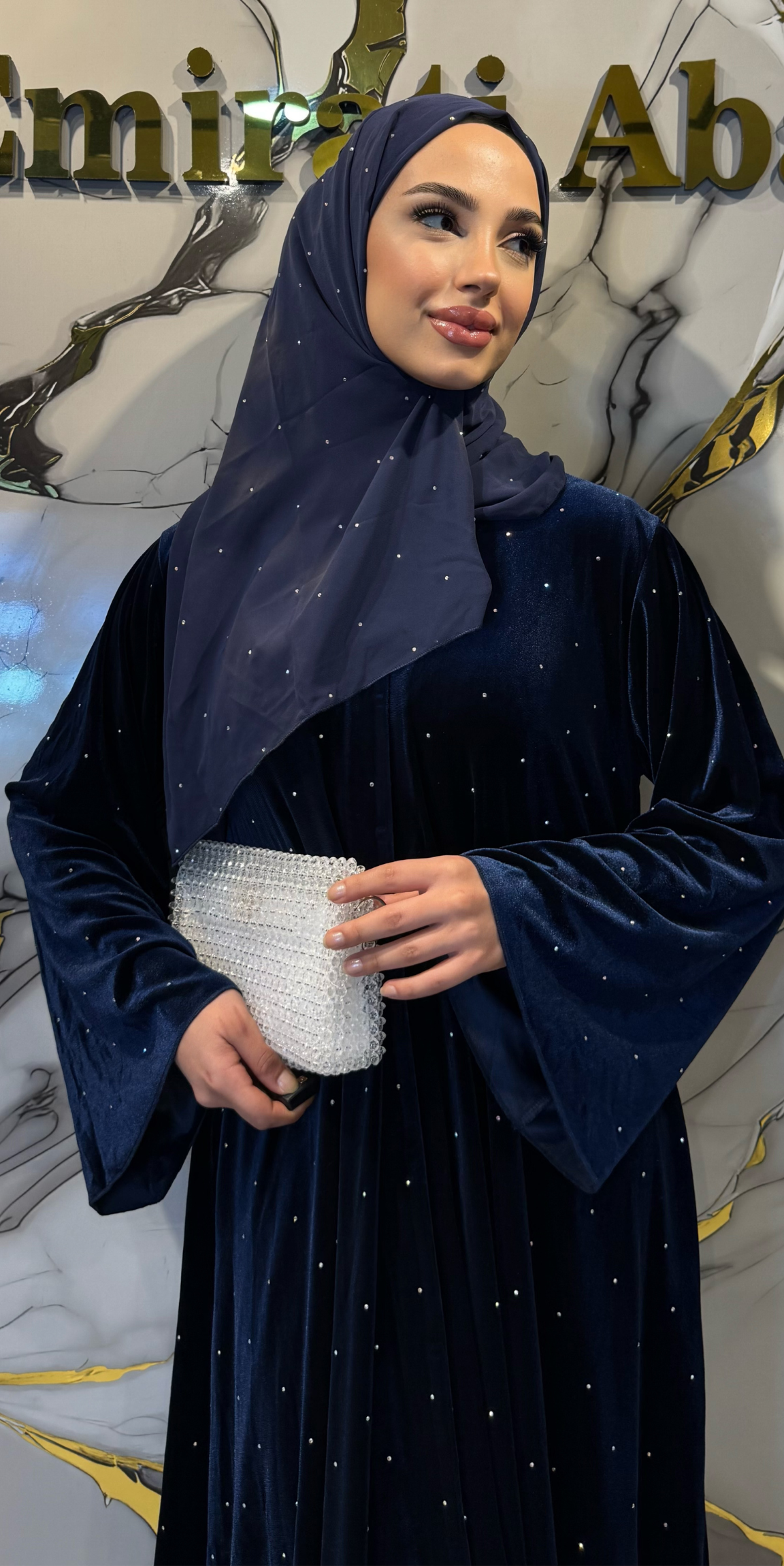Navy Blue Velvet Shimmering Embellished Abaya TM063 VJSM