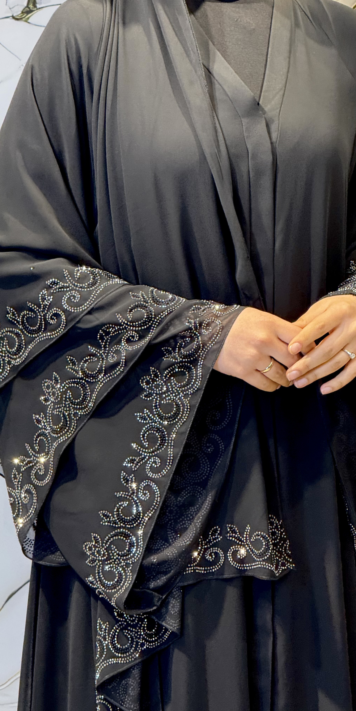 Hematit Taşlı 3 Katlı Siyah Şifon Abaya | LY47 HSB