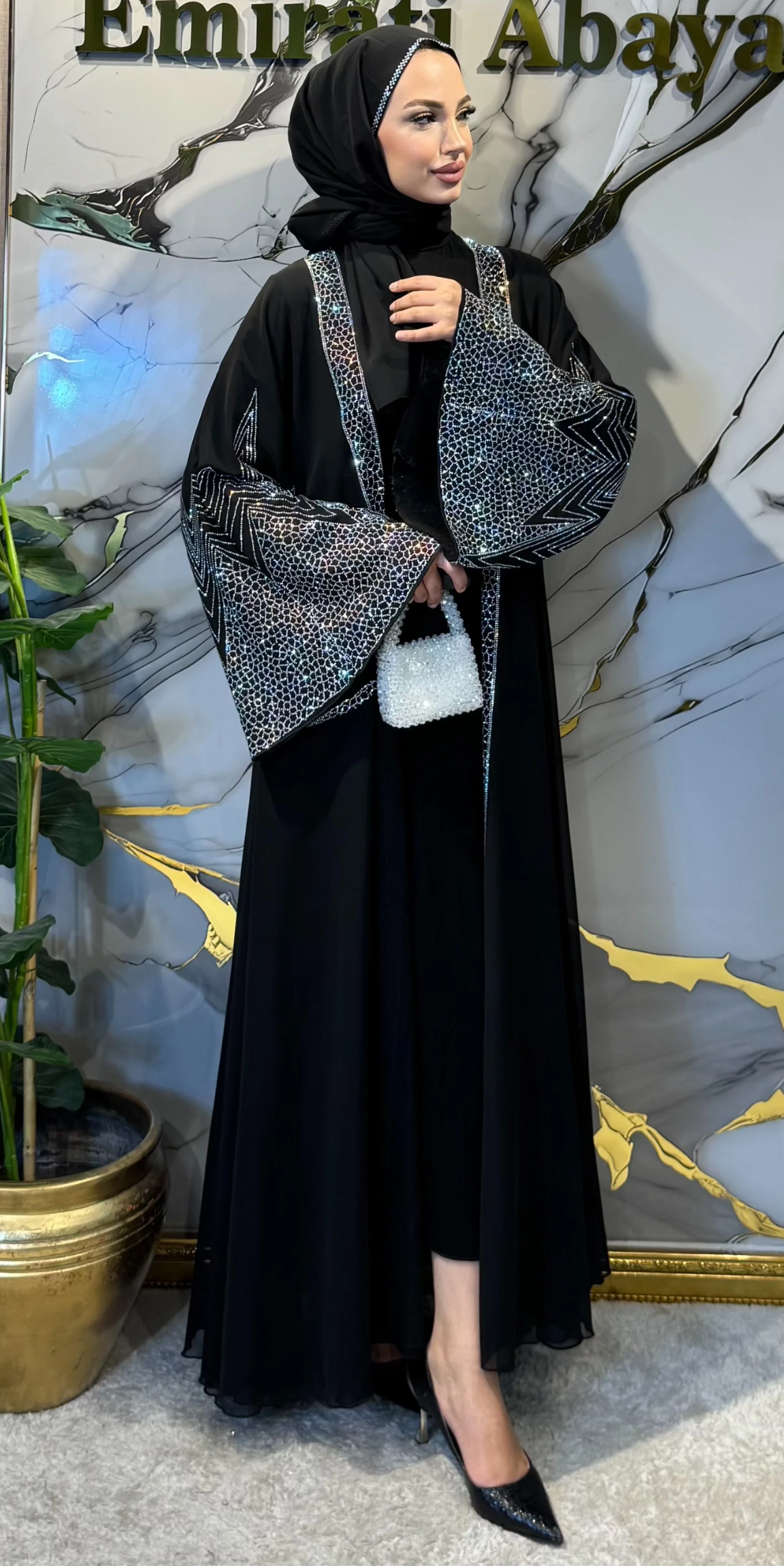 Önü Açık JanJan Taşlı Yöresel Abaya - 4 Parça Set (Şal, Kemer ve İçlik Dahil) Özel Tasarım | TM72 JSB