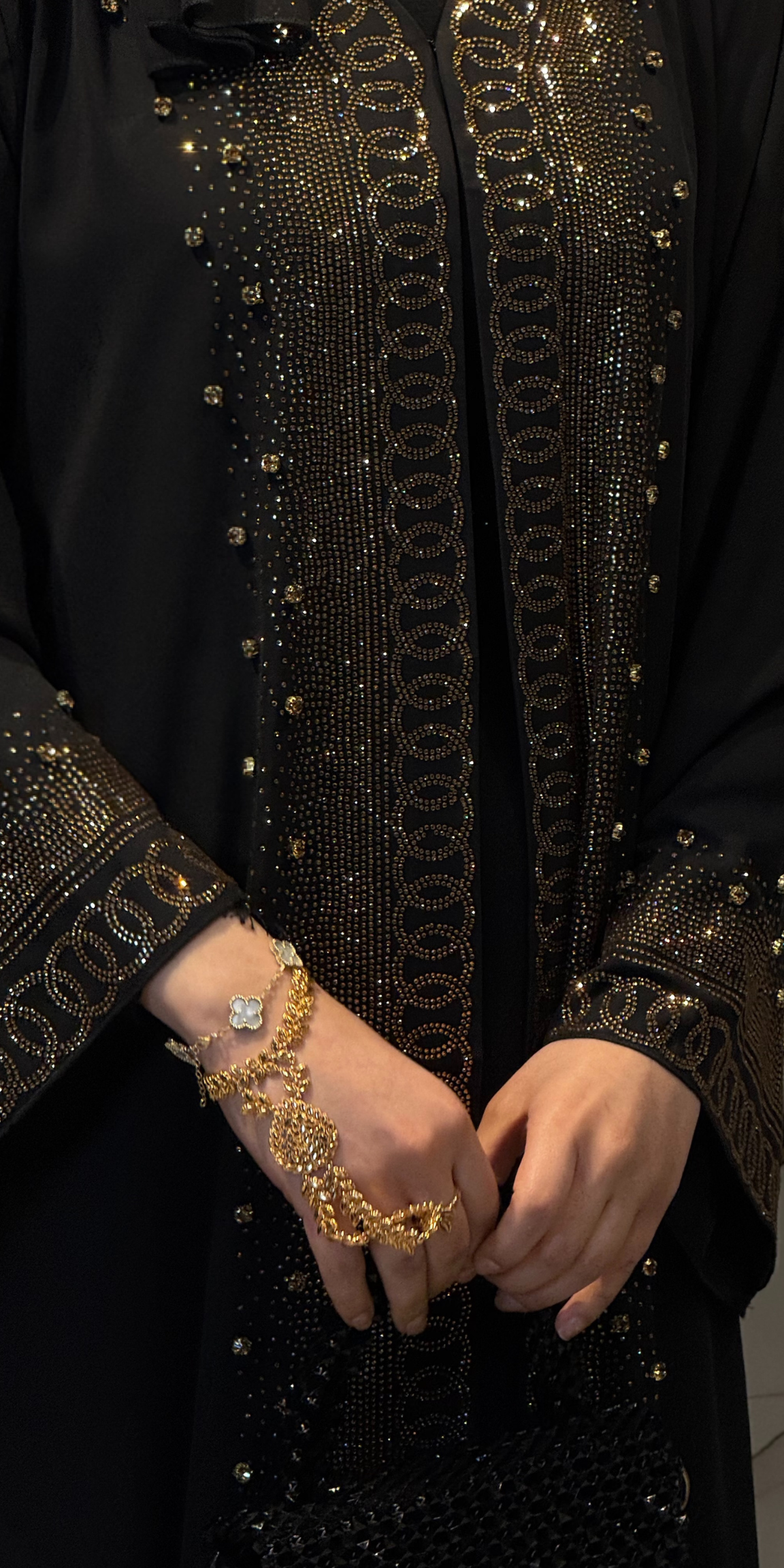 Black Abaya with Gold Stone Embellishment on the Front TM81 GSDB