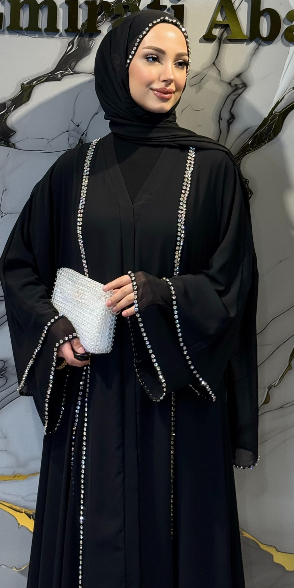 Front Slit Chiffon Abaya with Crystal Embellishments - Elegant Luxury Model TM06 C WSB