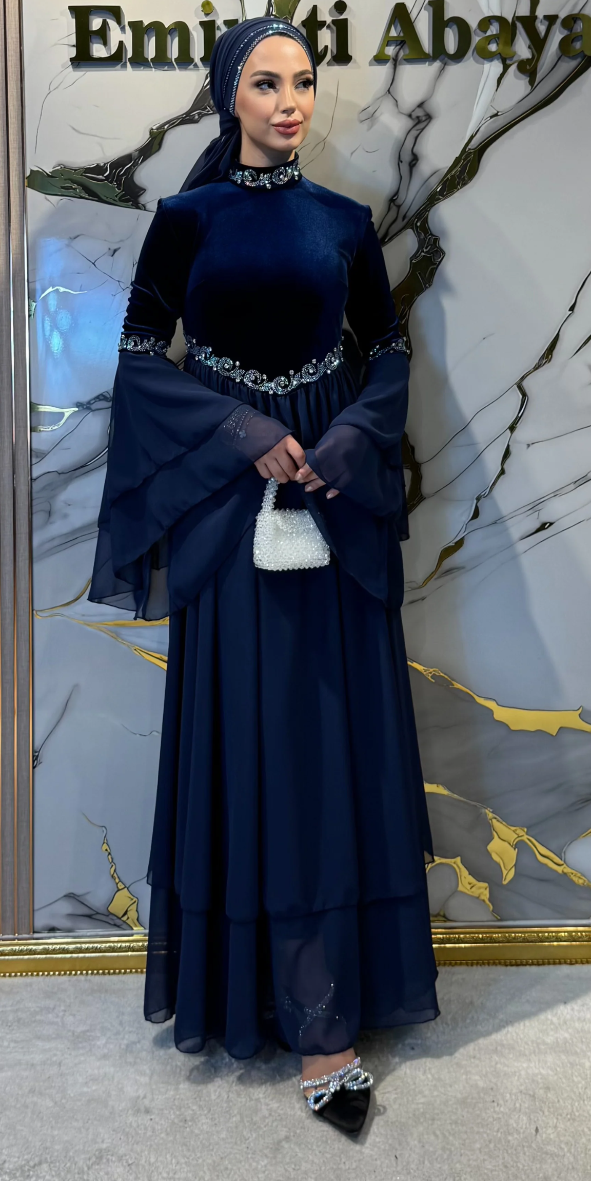 Royal Midnight Serenade Navy Blue Velvet Chiffon Abaya LY21 JSVL - Luxury Model Including Embellished Shawl