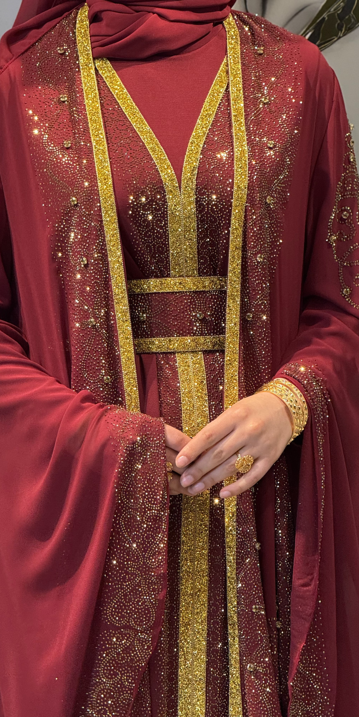 Premium Bordo Yöresel Abaya Takımı WS57 GS BORDO - 4 Parça Lüks Set (Altın Taşlı Kemer, Şal ve Sandy İçlik Dahil)