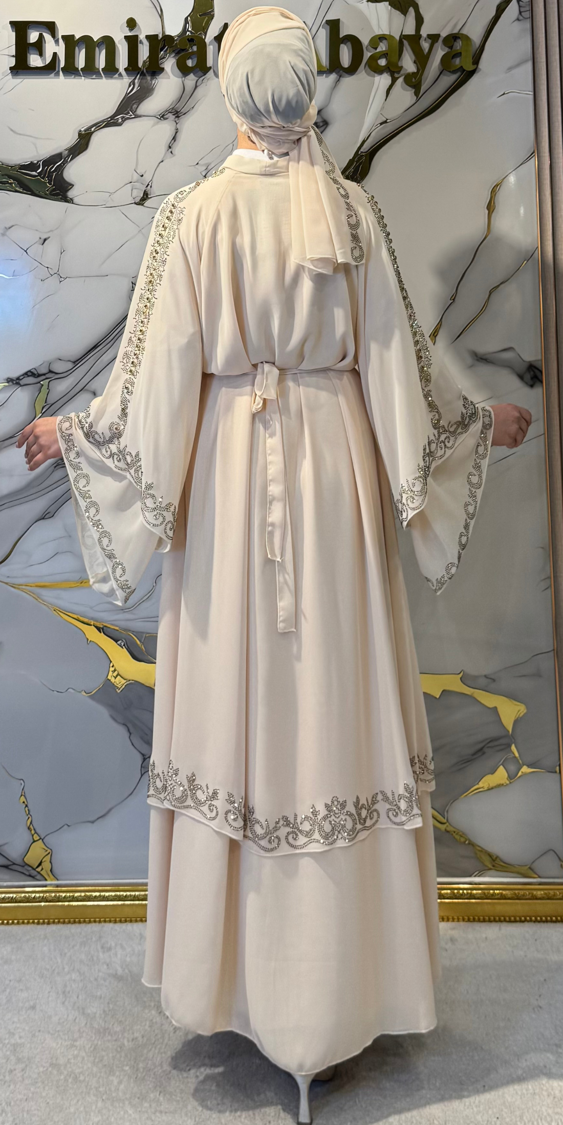 Altın Swarovski Taşlı Kore Şifon Dubai Stil Krem Abaya