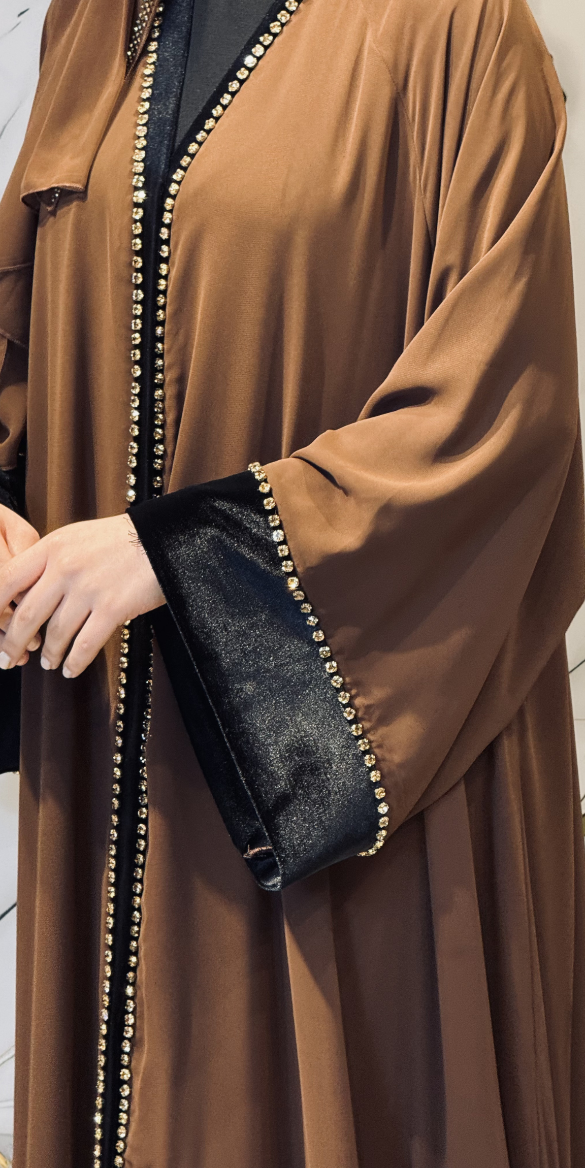 Brown Chiffon Abaya with Floral Embellishments on the Hem and Black Velvet Details | WS60 GSK