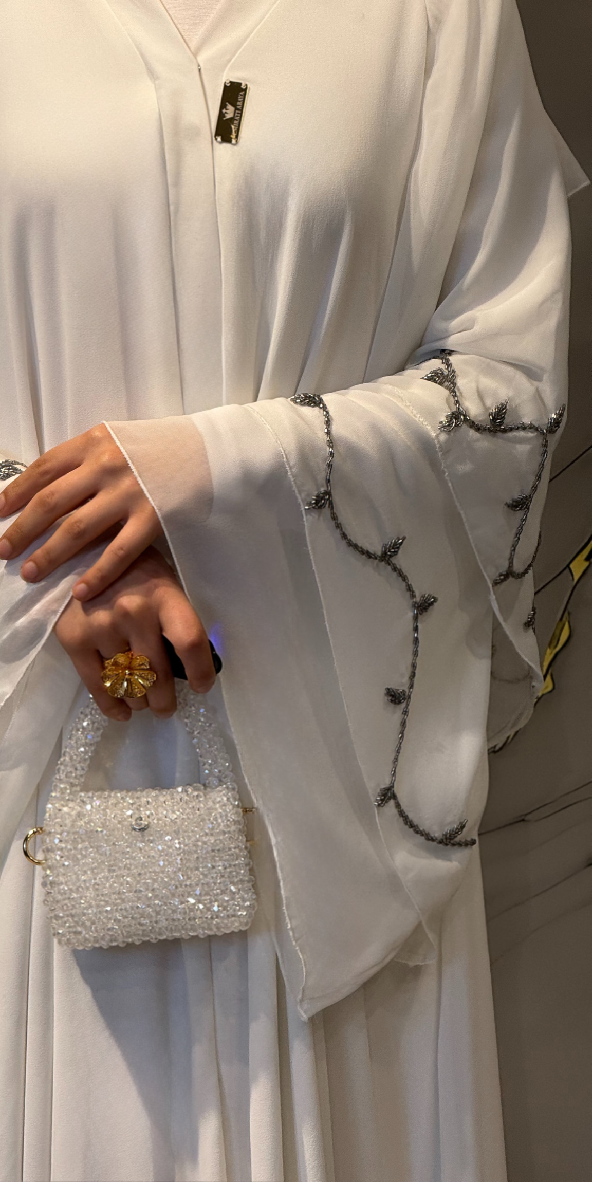 Hematit Taşlı 3 Katlı Beyaz Şifon Abaya – Şallı Takım | M1 HS WHITE