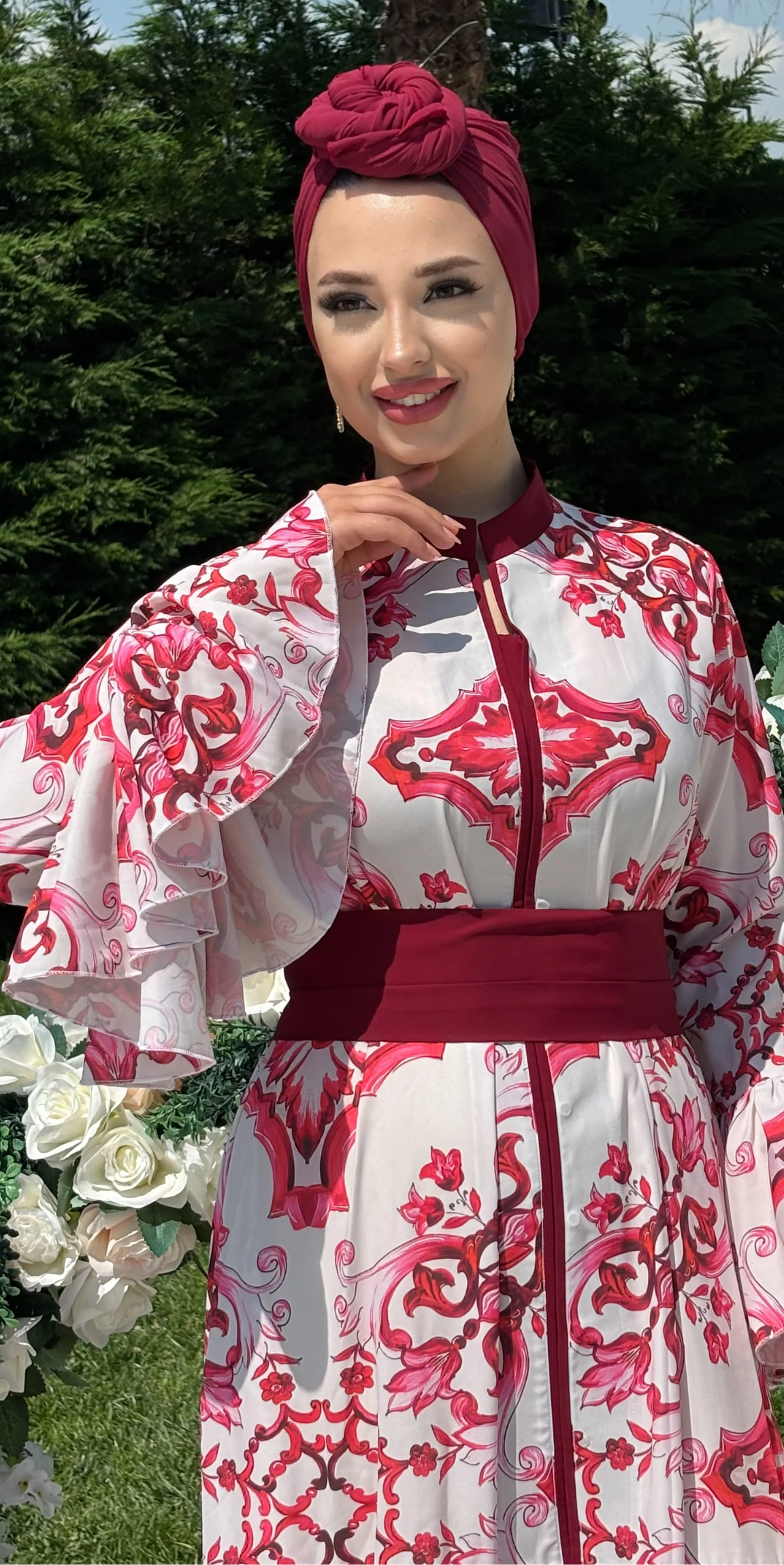 White and Burgundy Patterned Dubai Fabric Suit Set Including Belt | WS80 BURGUNDY