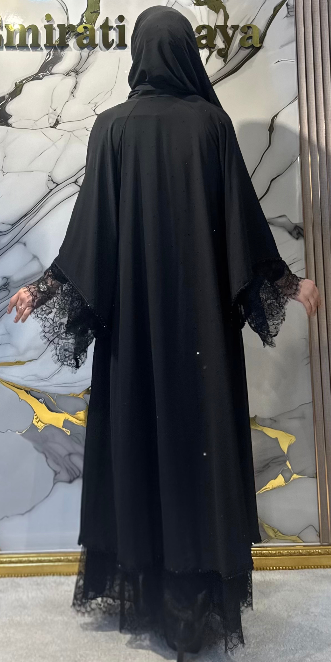 Tül Detaylı Siyah Mikro Taş Abaya Şal Dahil | LY06 BSB