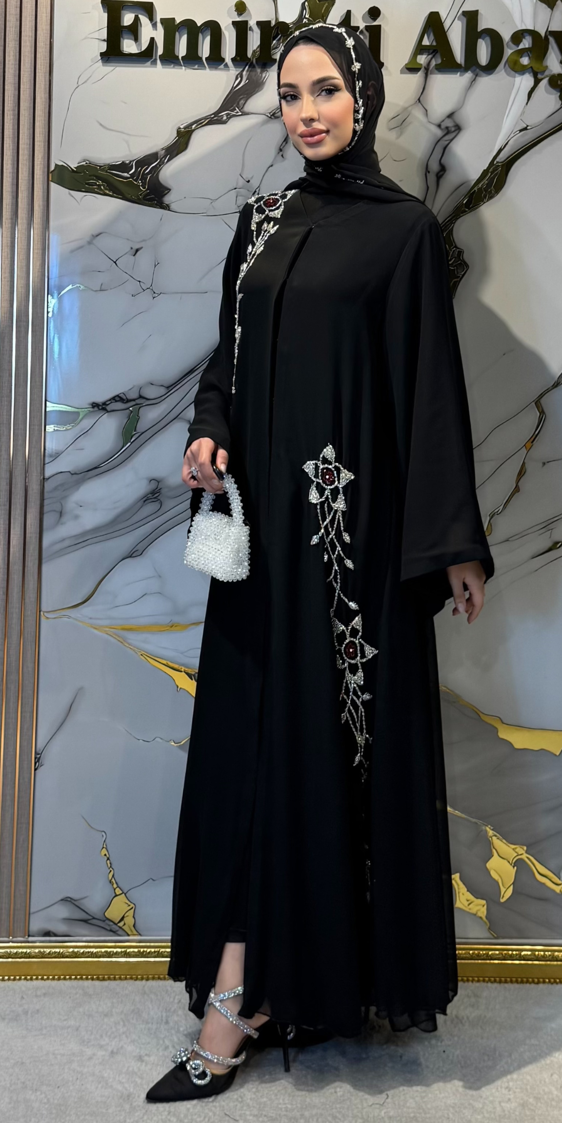 Premium Kore Şifon Swarovski Kristalli Abaya - El İşi Zarafet | EF0015 WSB