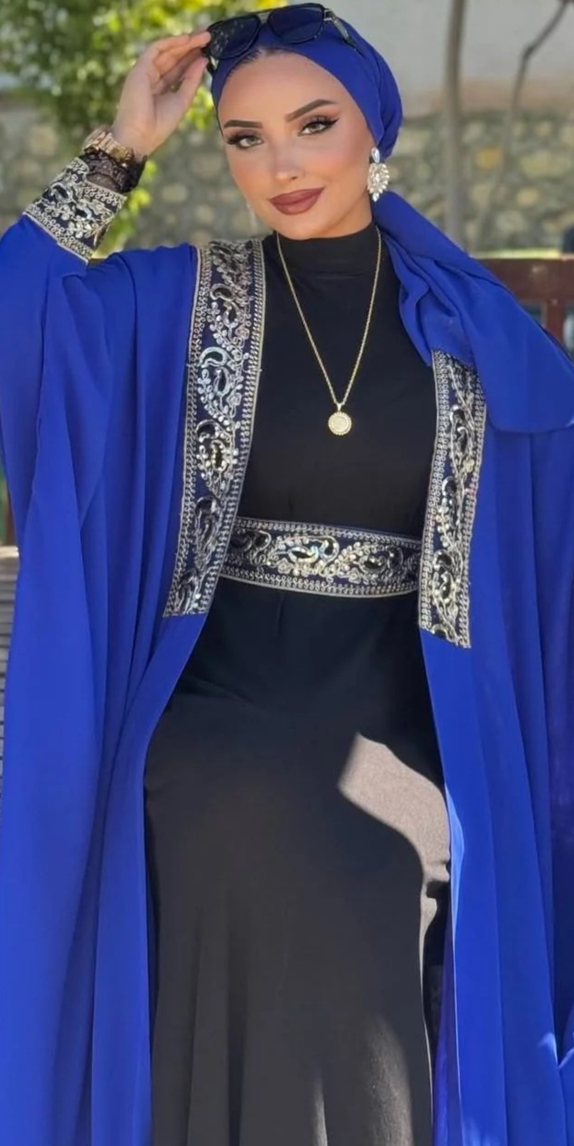 Black Traditional Abaya with Gold Pattern Front TM087 - 4-Piece Set (Includes Shawl, Belt and Inner Top)