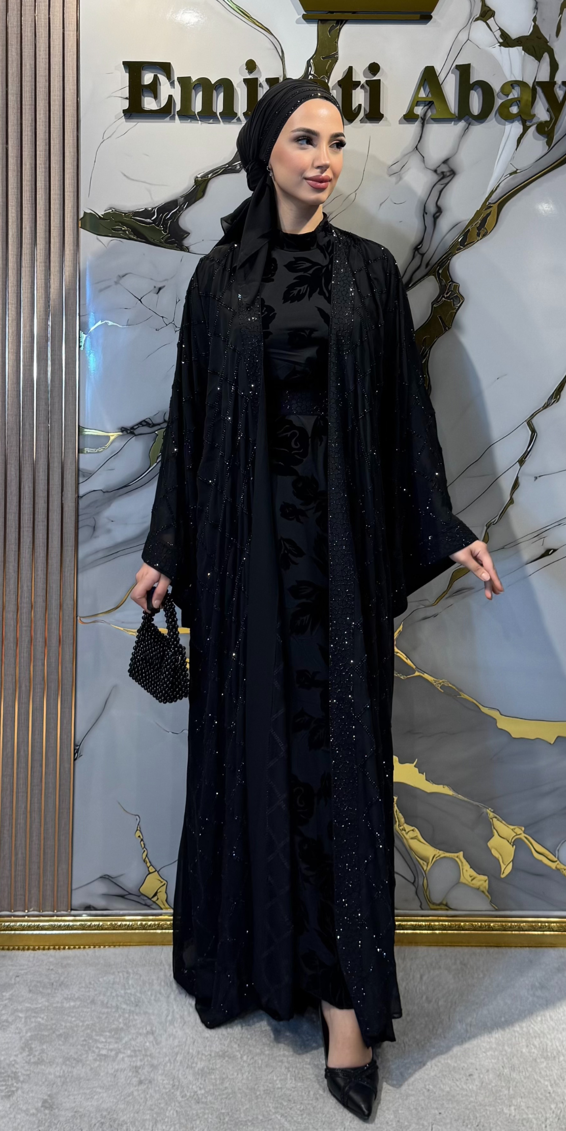 Emirati Swarovski Taşlı Siyah Kore Şifon Abaya LY33 BSB - 4 Parça Lüks Set (Şal, Kemer ve Flok İçlik Dahil)