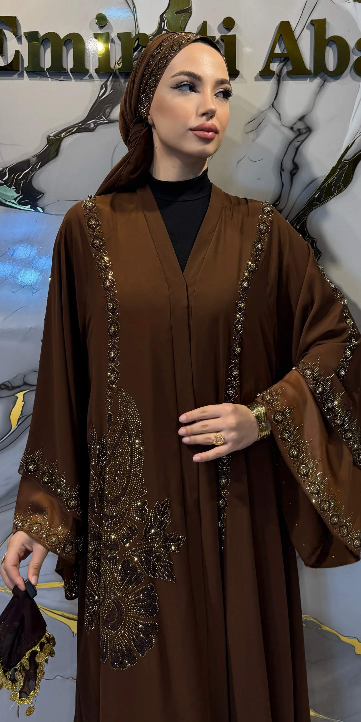 Gold Taş İşlemeli İki Katlı Zara Saten Abaya | LY23 GSK