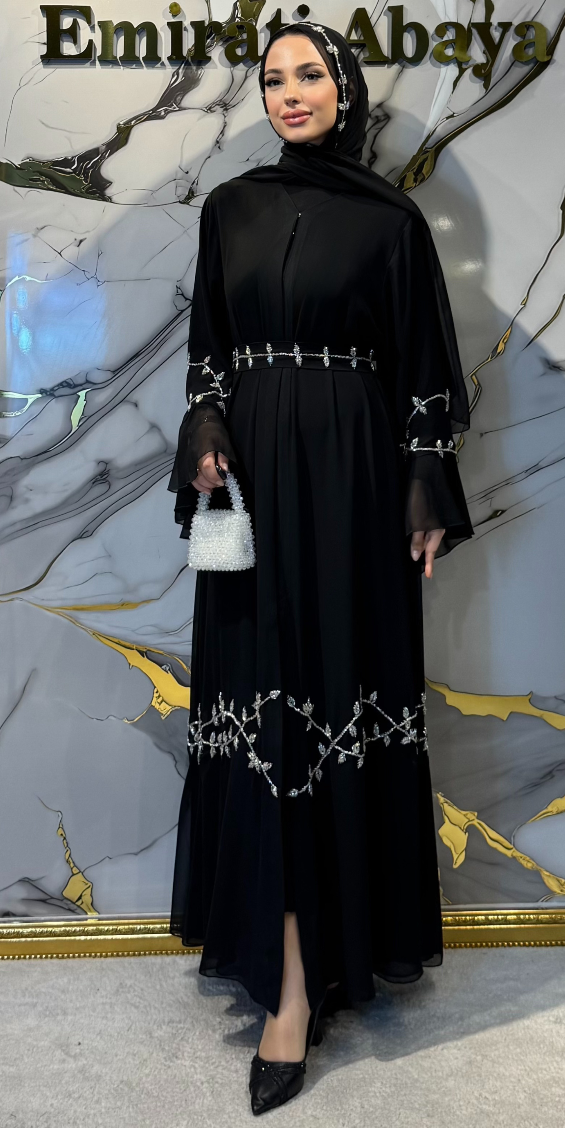 Handcrafted Swarovski Crystal Embellished Korean Chiffon Dubai Style Black Abaya