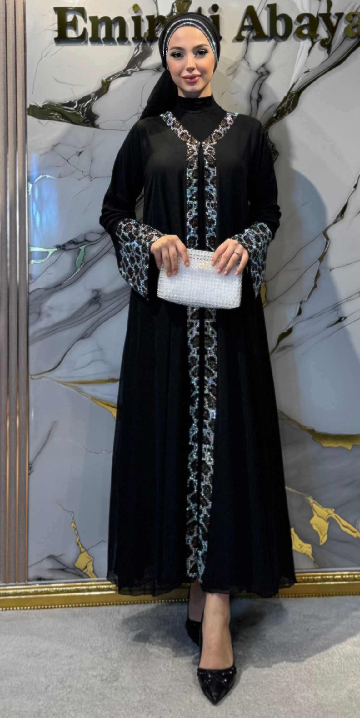 Taşlı Leopar Desenli Siyah Şifon Abaya JanJan Taşlı Şal Dahil TM78 LJSSB