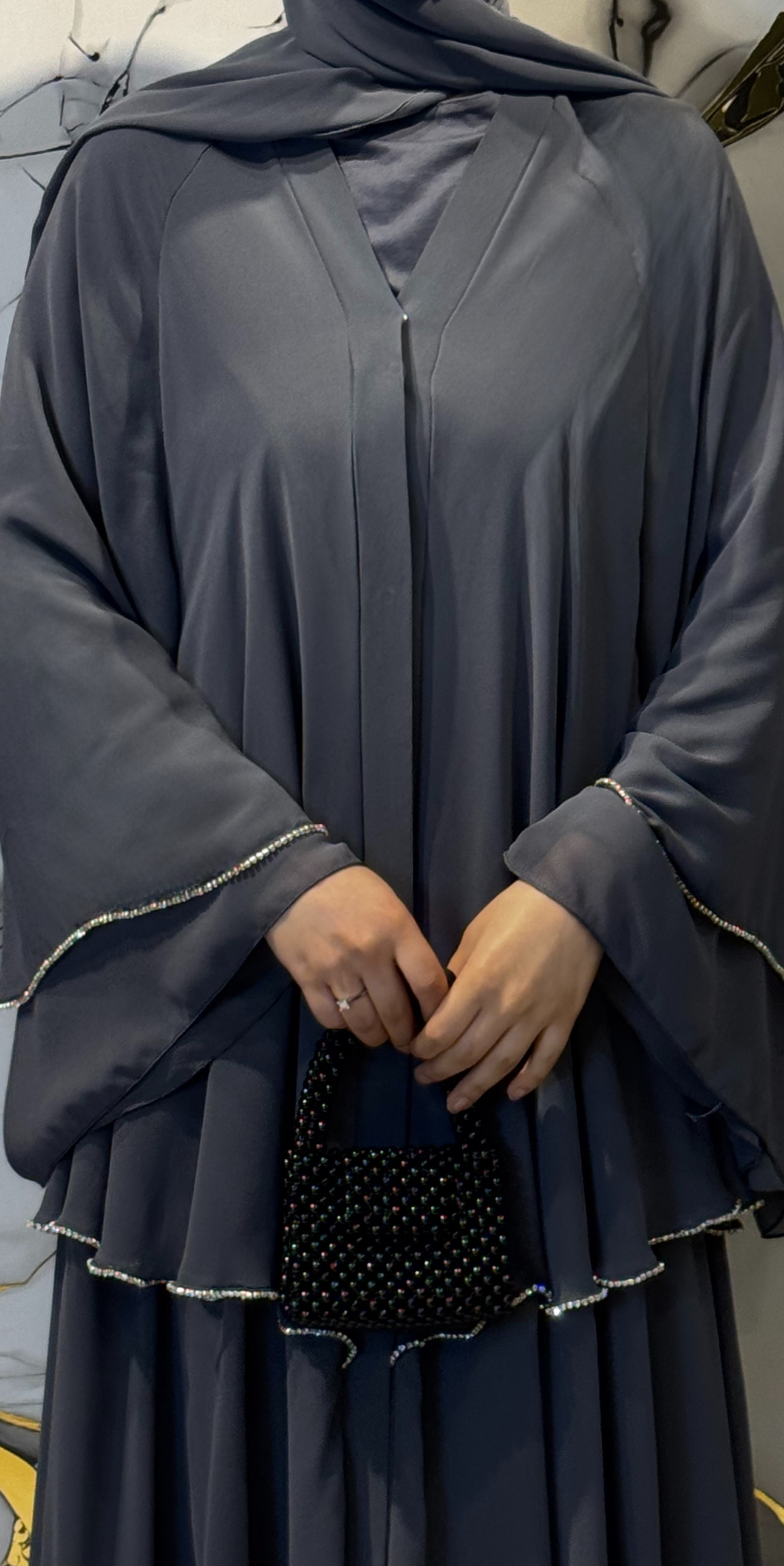 Üç Katlı Swarovski Taşlı Gri Abaya RK011 WSG - Katmanlı Zarif Model