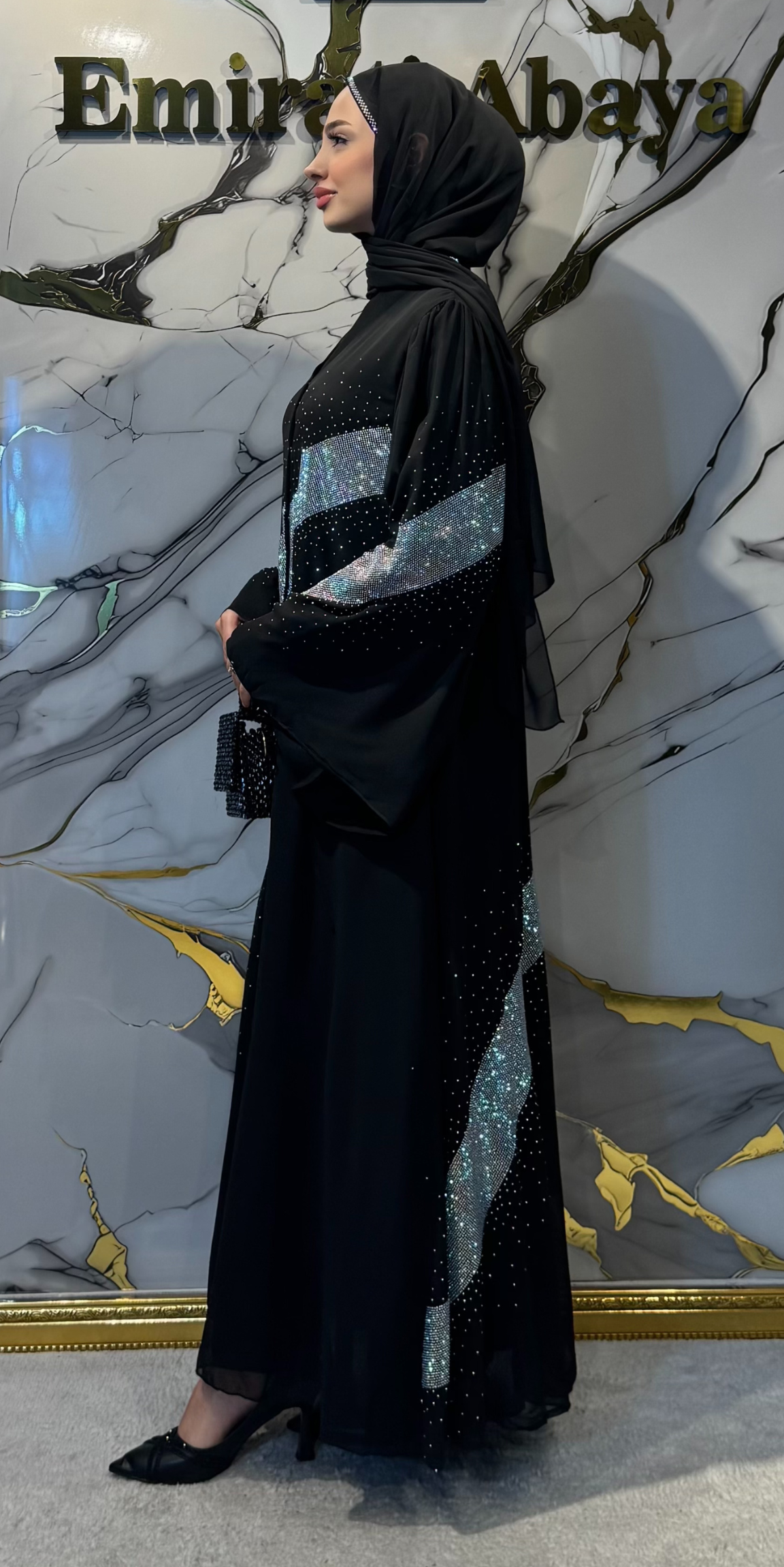 Çapraz Janjan Taşlı Siyah Şifon Abaya | Işıltılı Düğün Abayası TM35 JSDB
