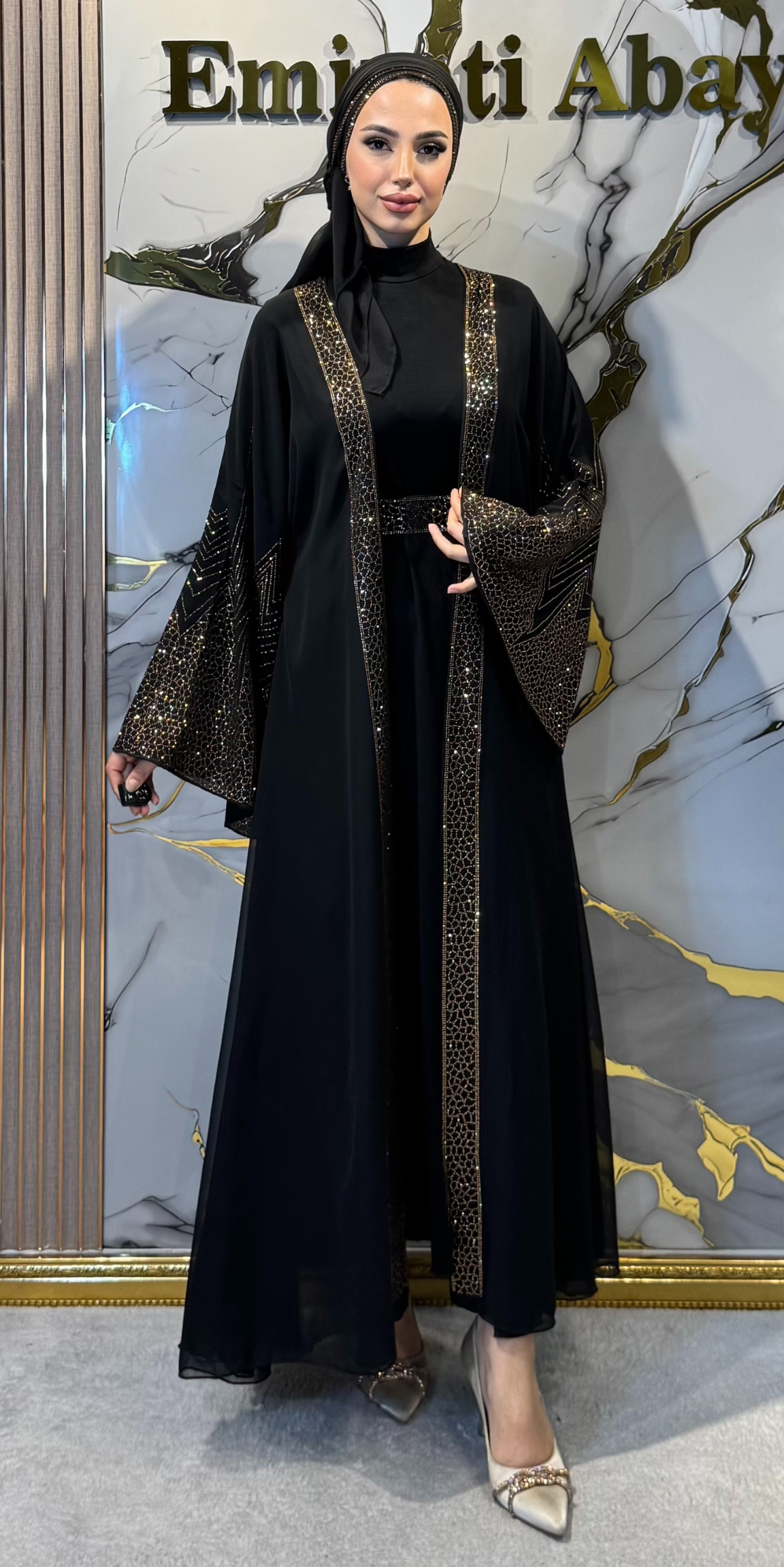 Dubai Stil Altın Swarovski Taşlı Premium Kore Şifon Abaya TM72 - 4 Parça Lüks Set (Şal, Kemer ve İçlik Dahil) TM72 GSB