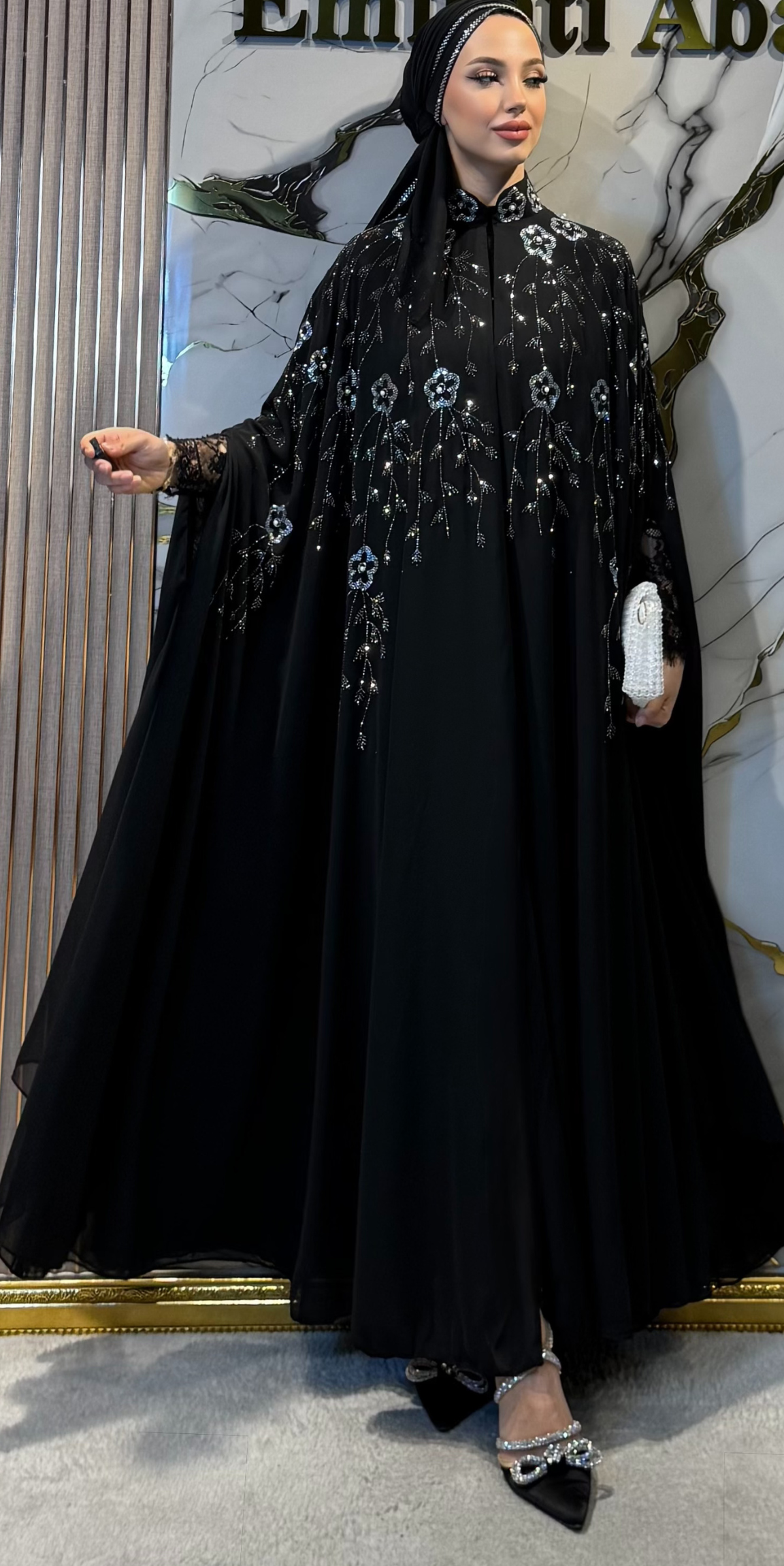 Black Korean Chiffon Abaya LY44 WSB with Hematite and Swarovski Crystals - 3-Piece Luxury Set (Includes Shawl and Undershirt)