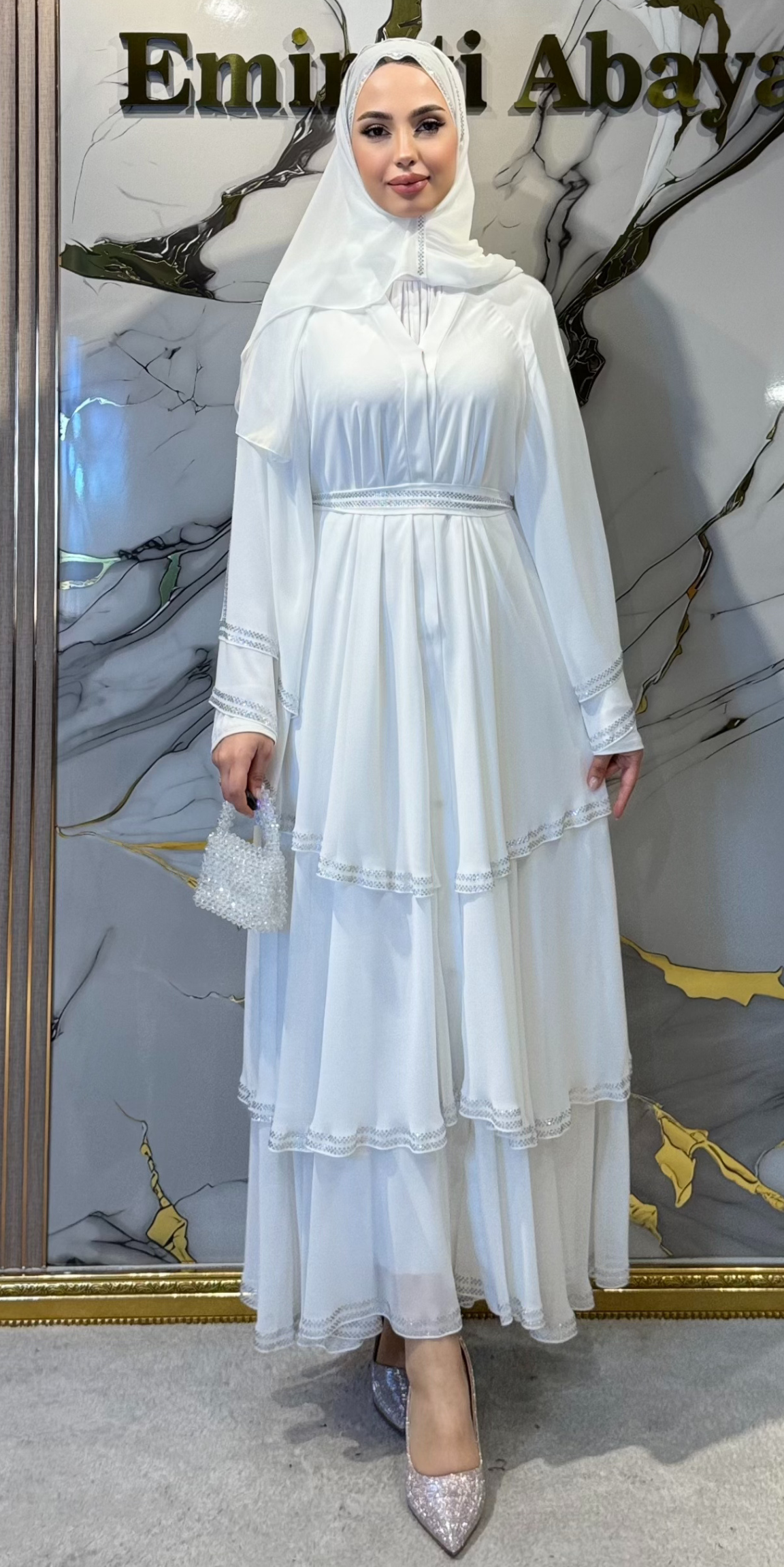 Lüks Beyaz Swarovski Taşlı Üç Katlı Kore Şifon Abaya