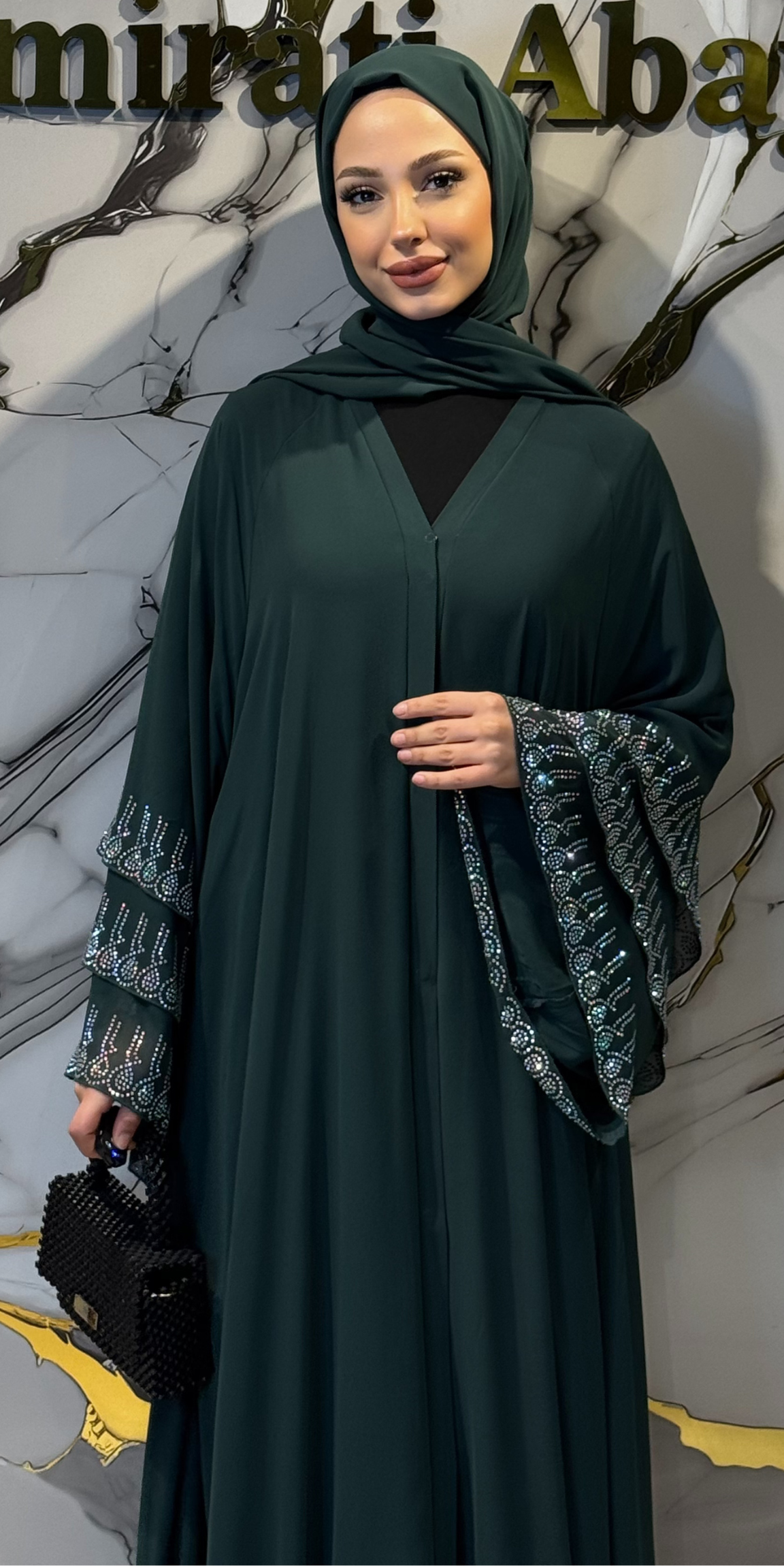 Etek Uçları Swarovski Taşlı Yeşil Abaya - Lüks Zarif Model TM07 JS YEŞİL