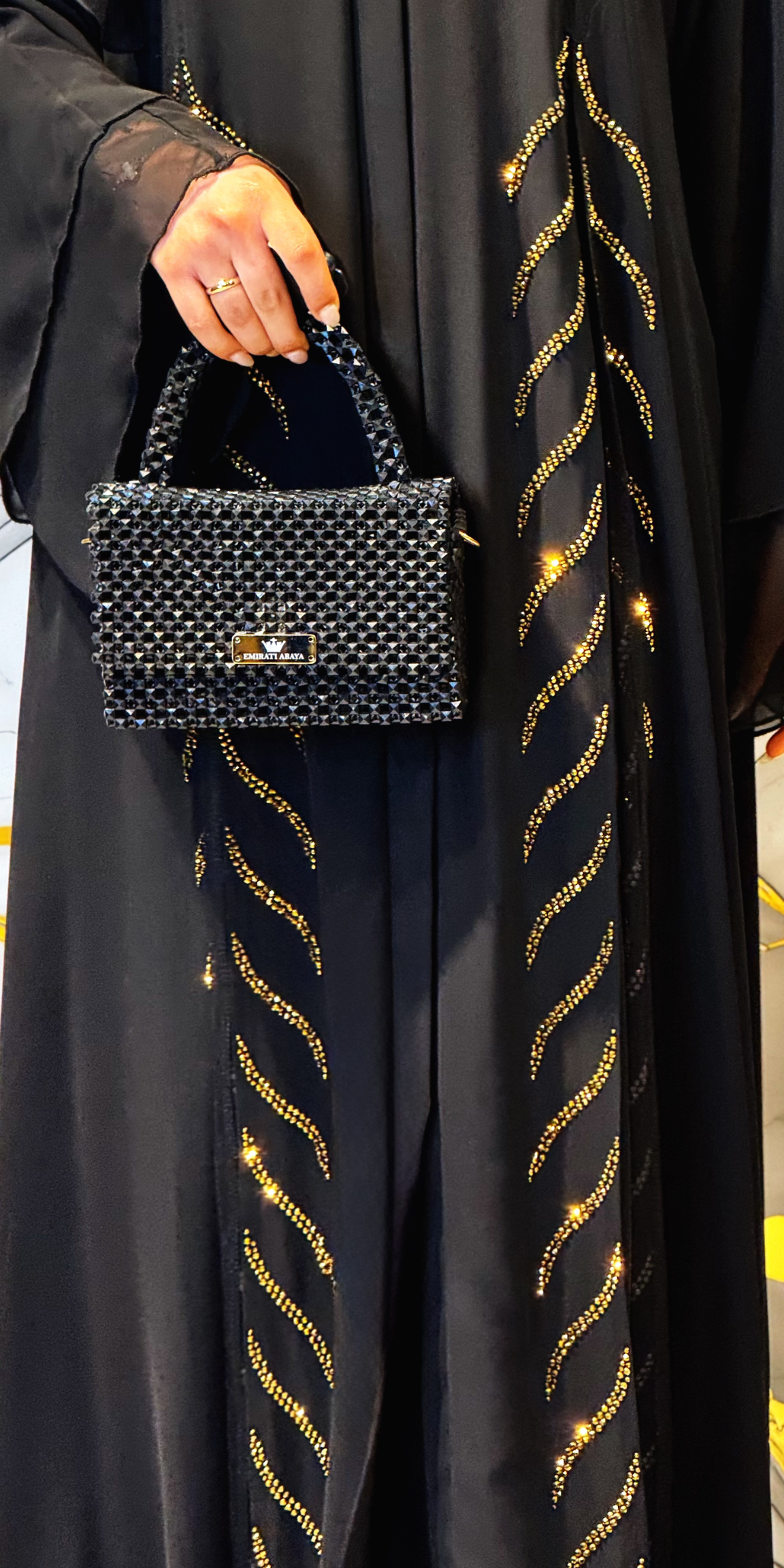 Black Abaya with Front Slit and Gold Embellishments - Elegant Chiffon Model TM06 GSB TICK