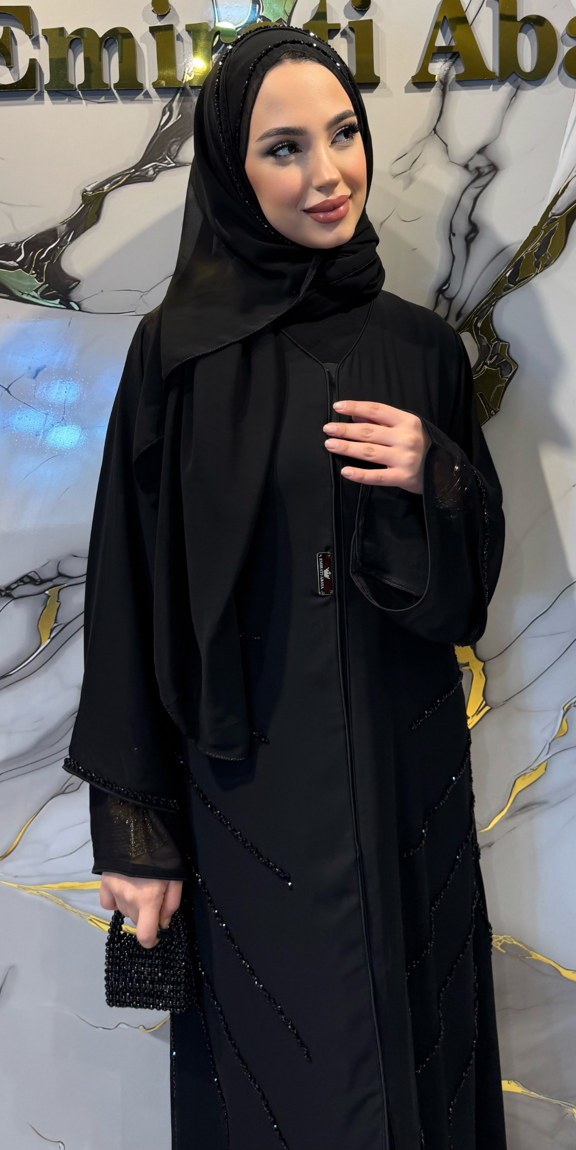 El İşlemesi Siyah Taşlı Siyah Şifon Abaya M91 BSB - Zarif El İşçiliği Model