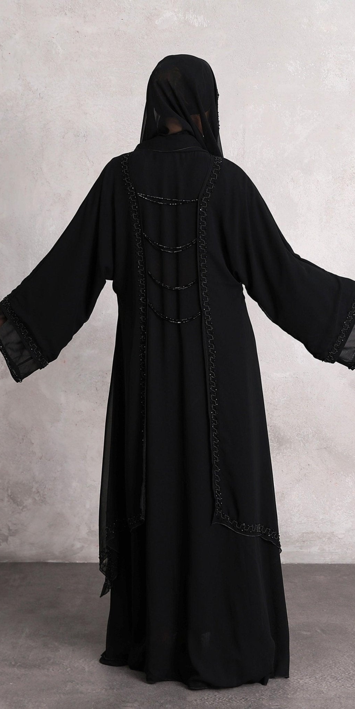 Black Chiffon Abaya with Elegant Stones Hand Embroidery