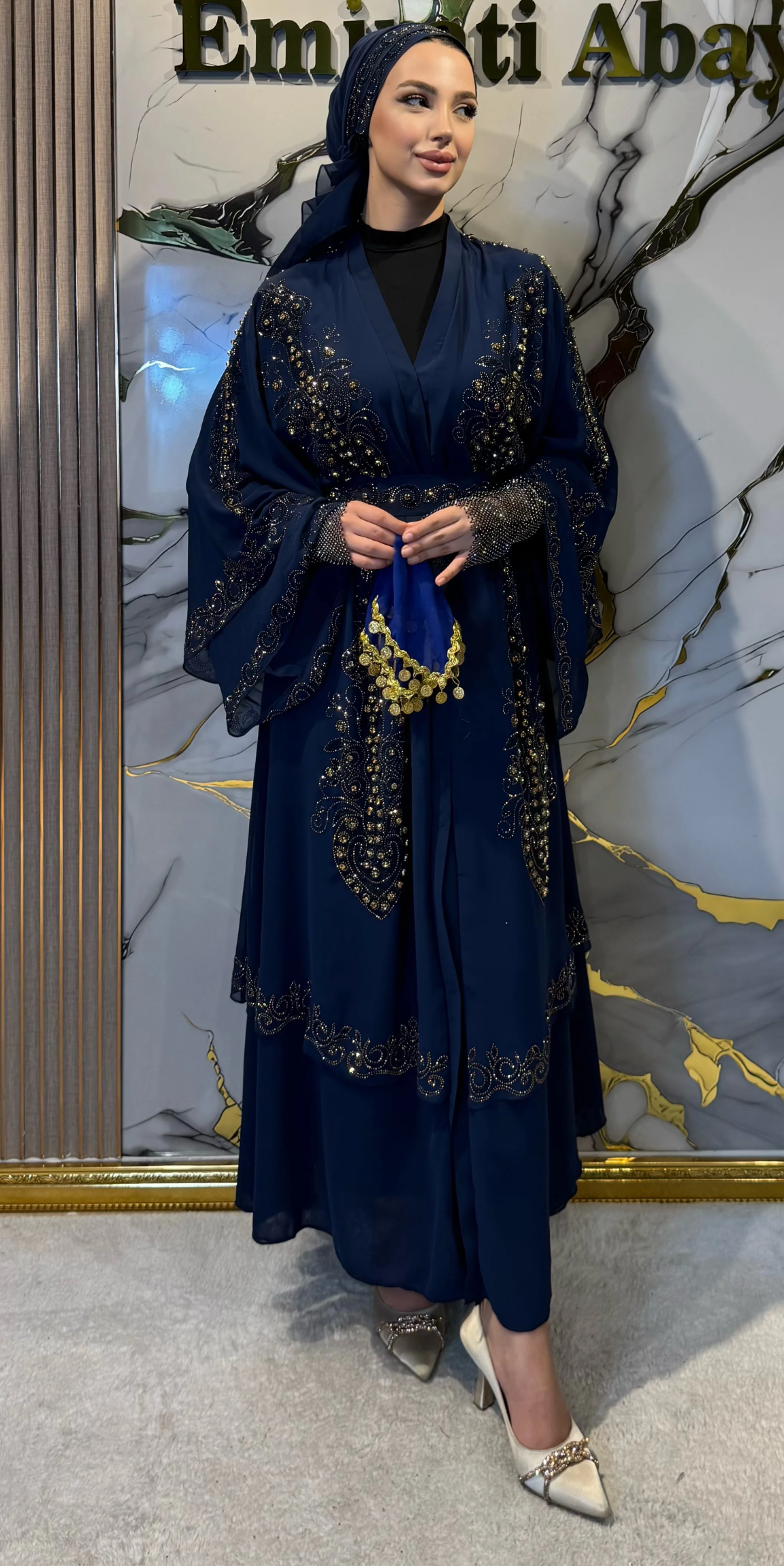 Çift Katlı Altın Taşlı Lacivert Şifon Abaya LY14 GSL - Taşlı Kemer ve Şal Dahil