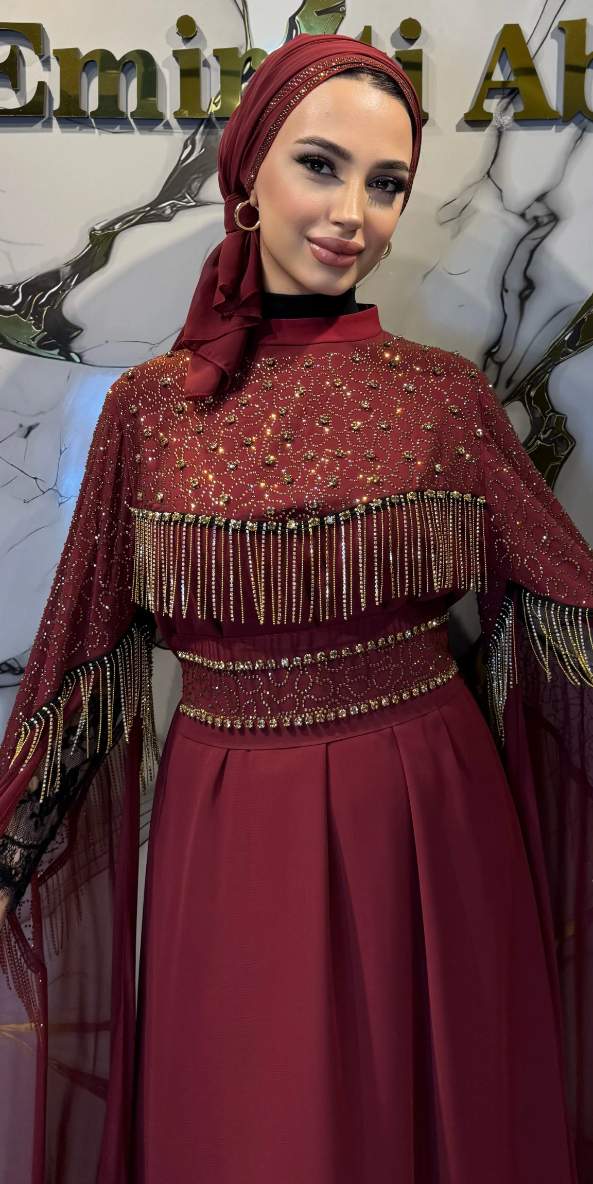 Burgundy Chiffon Long-Sleeved Abaya with Gold Embellishments | WS56 GSBORDO
