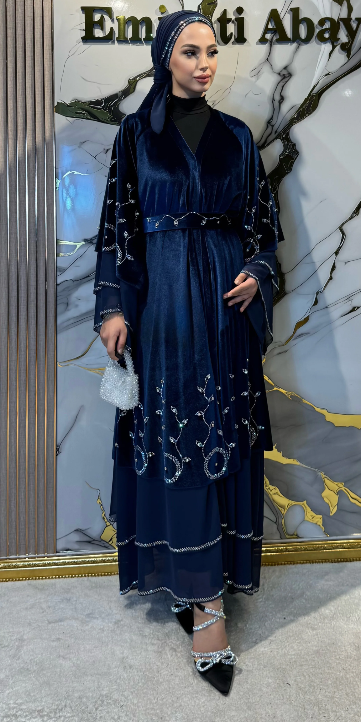 Navy Blue Velvet Set with Floral and Circular Stone Embellishments, Including Shawl and Belt | LY20 JSVL