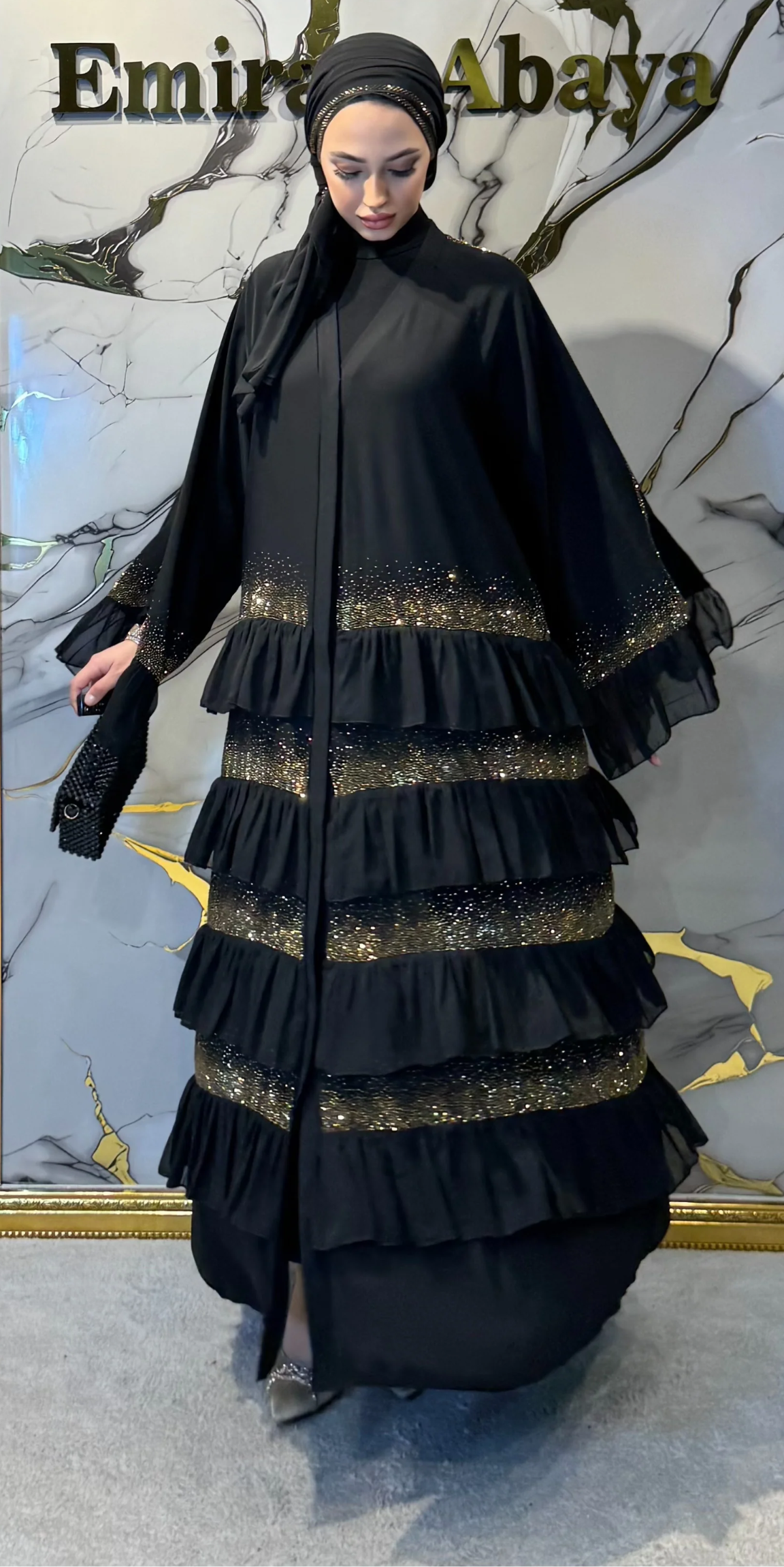 Gold Embellished Layered Dubai Abaya | WS05 GSB