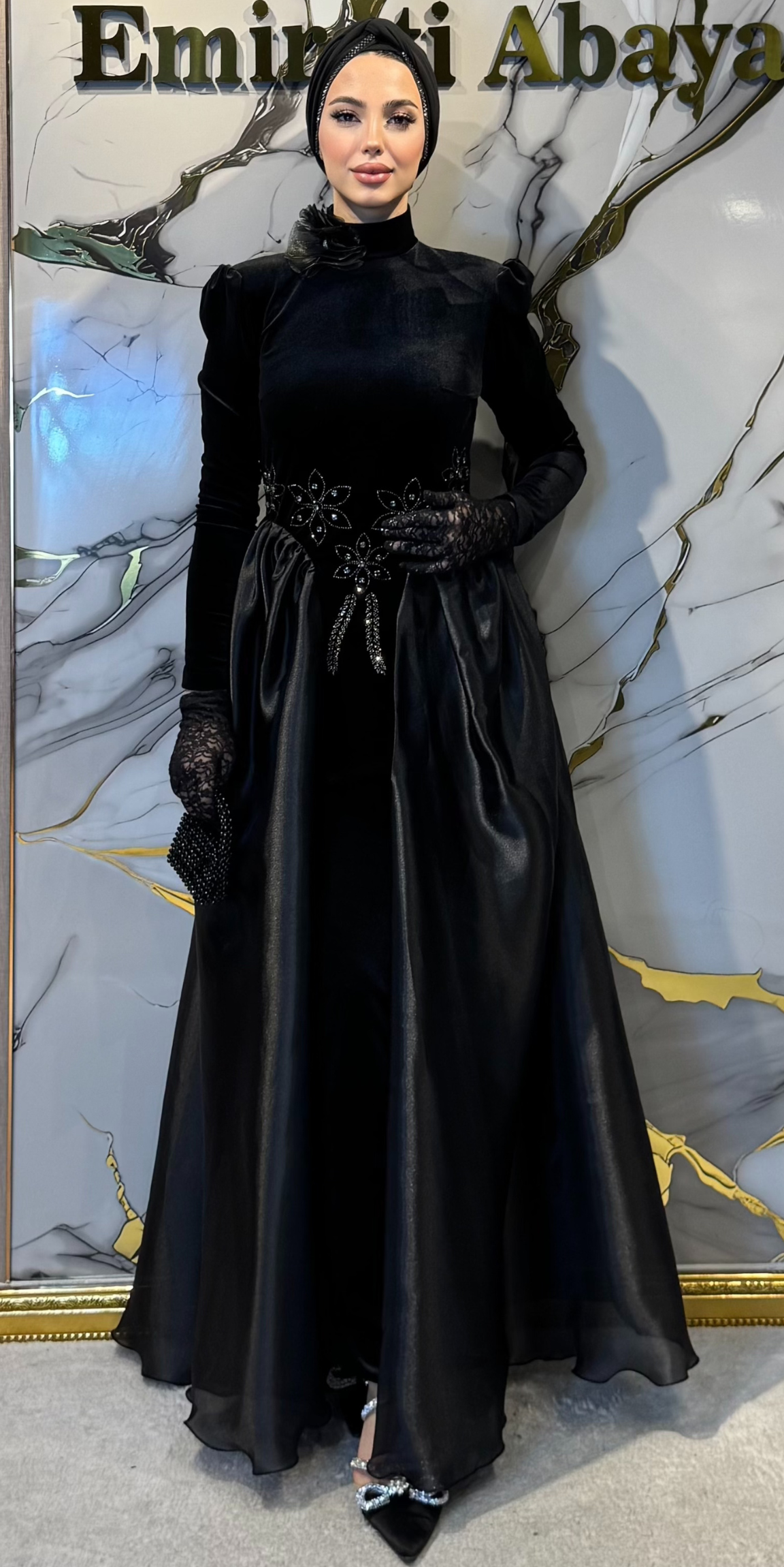 Dubai Style Evening Dress with Hematite Stones, Velvet and Organza Details